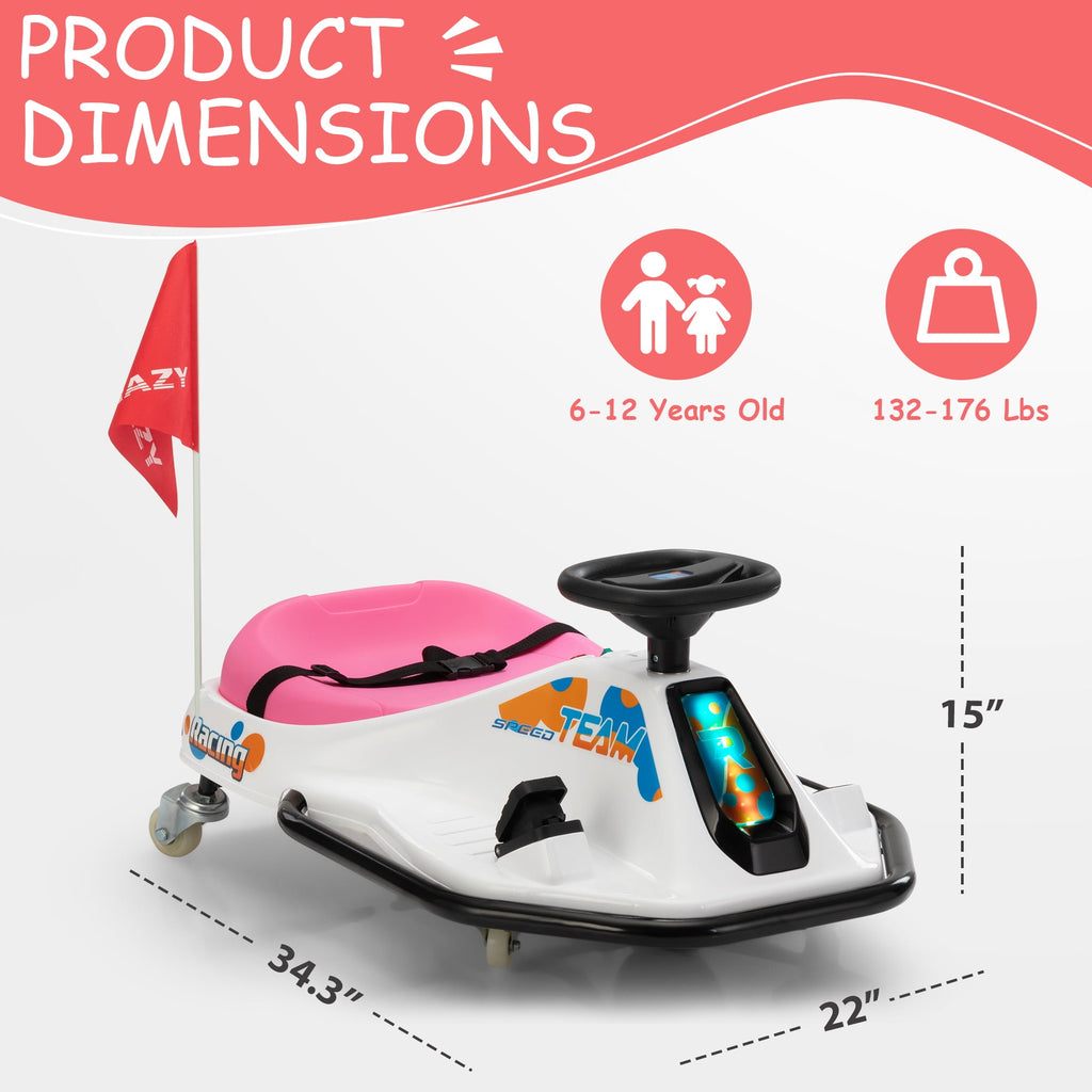 Track 7 24V Electric Drifting Go Kart for Kids, Kids Electric Go Kart w/360-Degree Spin, Music, Bluetooth, Flag, Drift Kart Up to 7.5 mph, Pink
