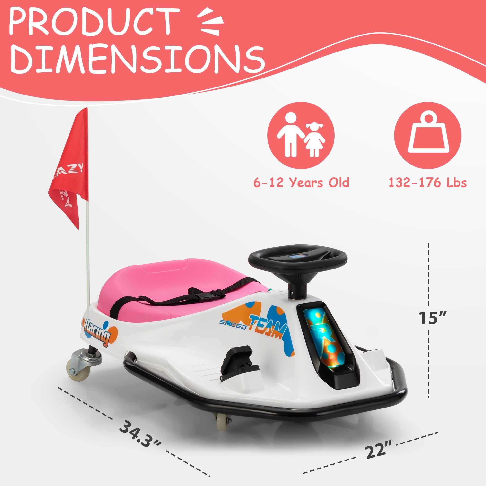 Track 7 24V Electric Drifting Go Kart for Kids, Kids Electric Go Kart w/360-Degree Spin, Music, Bluetooth, Flag, Drift Kart Up to 7.5 mph, Pink