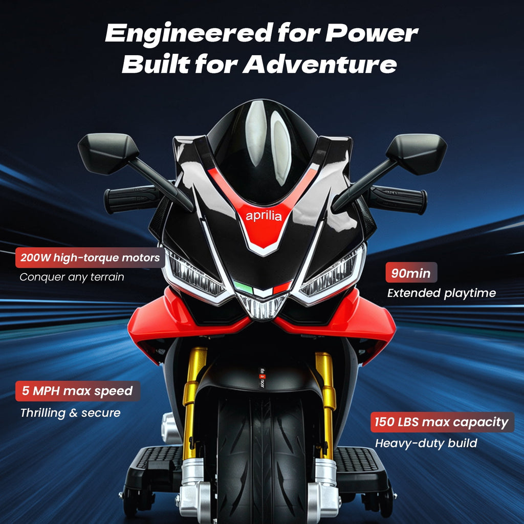 Track Seven 24V Ride on Motorcycle, Licensed Aprilia RSV4 Electric Motorcycle with Training Wheels, LED Lights, Music, Large Seat, Max 5 Mph, 24V Ride on Toy Car for Boys Girls Aged 3+, Black