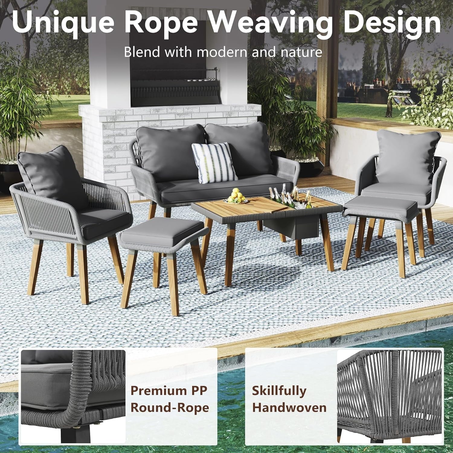 COOKCOK Patio Conversation Set, 6-Piece Rope Outdoor Furniture Set, Section Sofa Set with Acacia Wood Cool Bar Table with Ice Bucket, for Backyard/Porch/Balcony, Gray