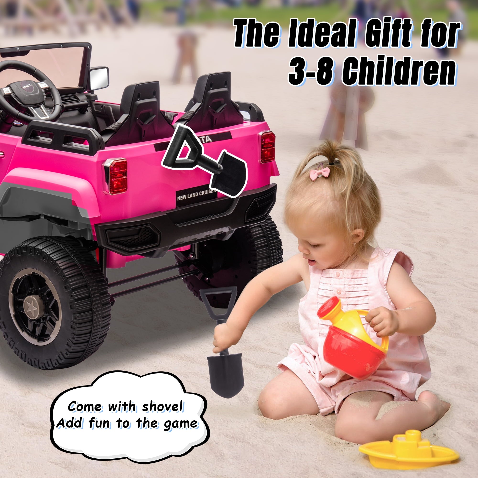 Track 7 24V Ride on Car, Licensed Toyota LC 250 2-Seater Electric Car for Boys Girls, 24V Ride on Car with Remote Control, Music, Bluetooth, Front Storage Space, Shovel, Pink
