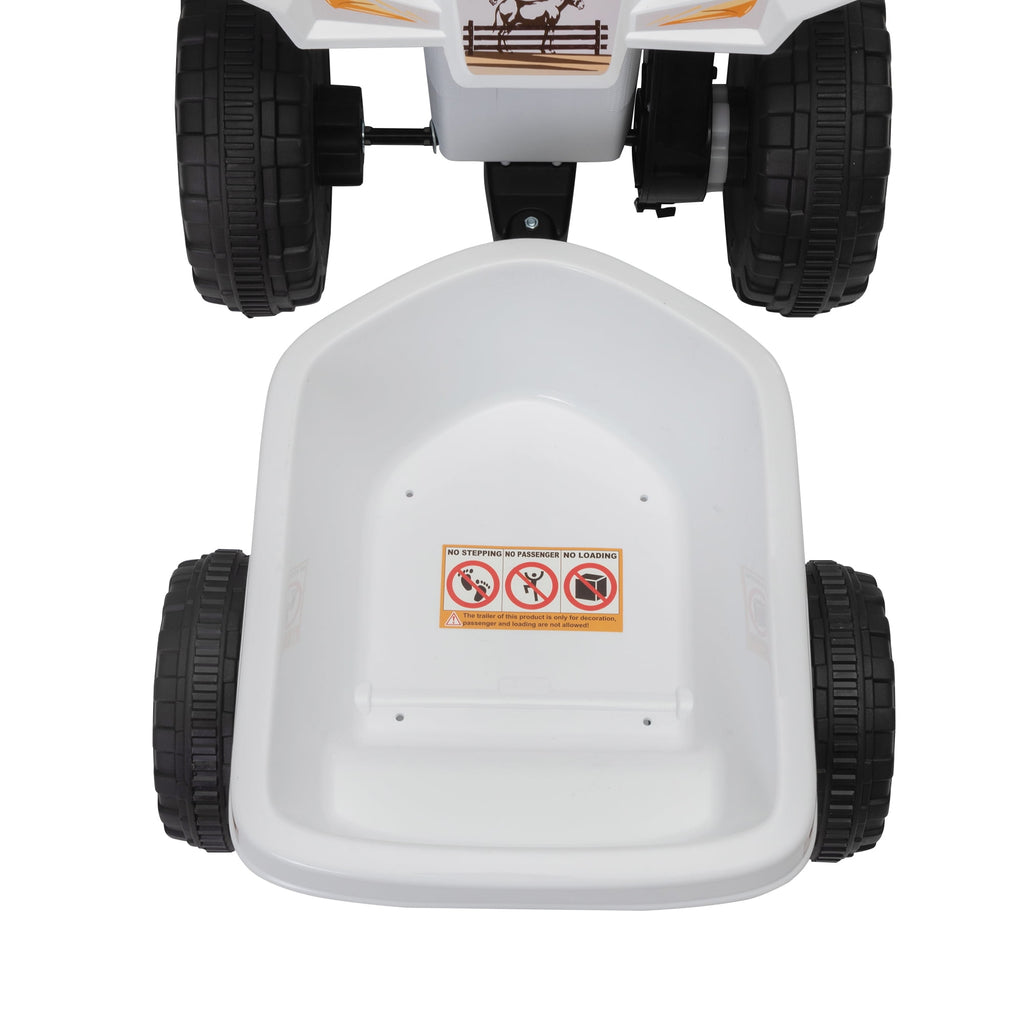 Track 7 Kids Ride on ATV with Trailer, 4 Wheeler Electric Quad Vehicle, Ride on Car with Music, Horn, Power Display, Kids Electric ATV, White