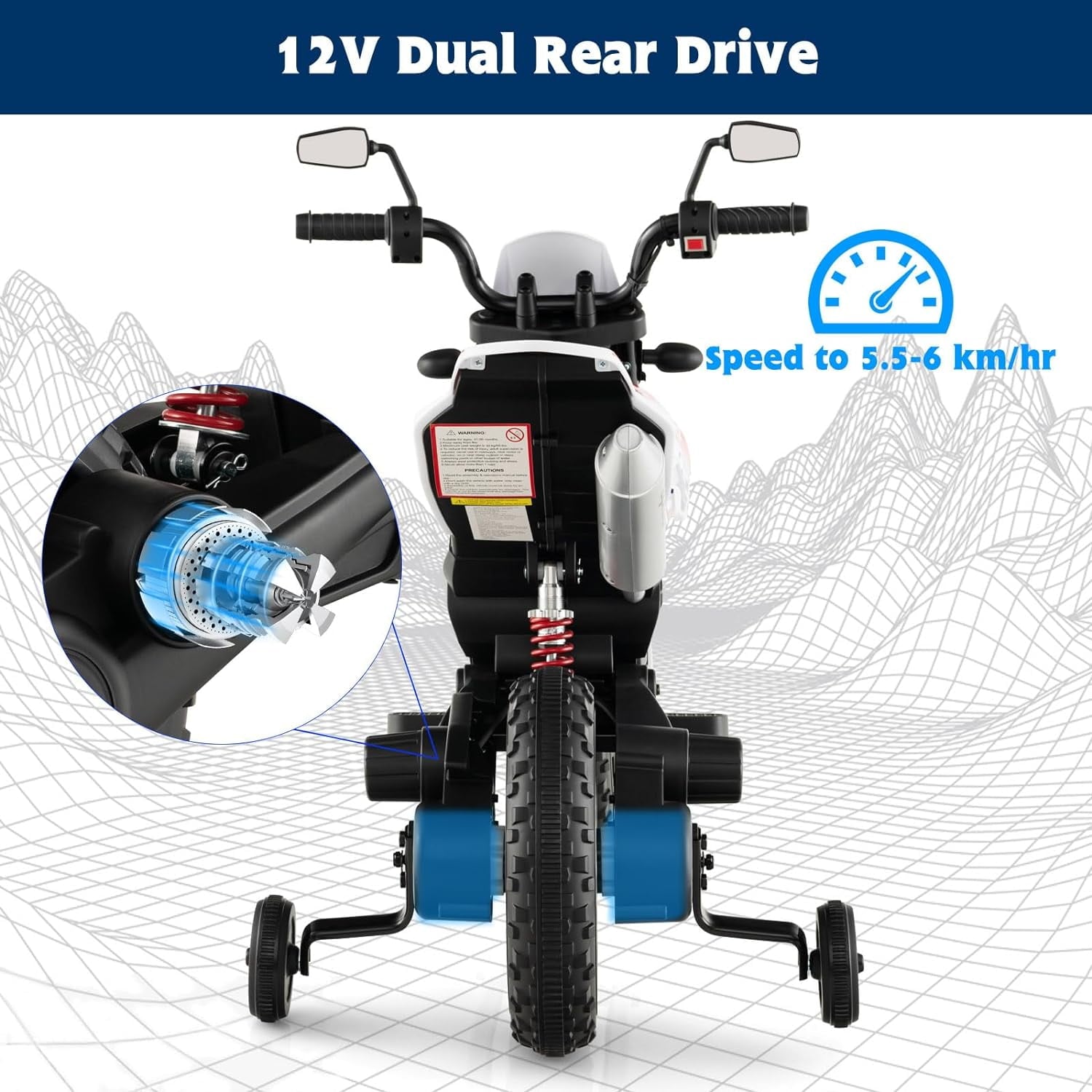 Track 7 12 V Ride on Motorcycle, Licensed Aprilia RX125 Kids Electric Motorcycle with Training Wheels, Spring Suspension, LED Lights, Music, White
