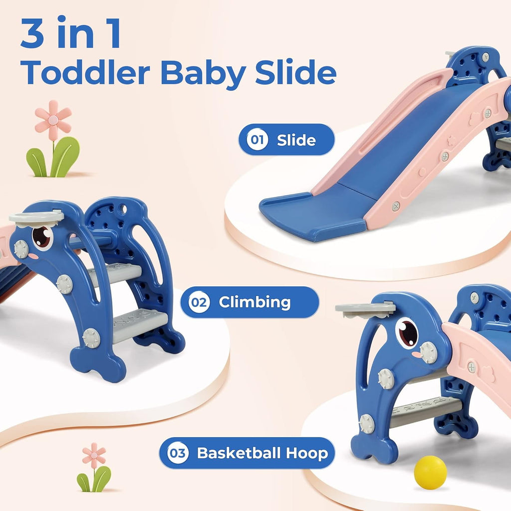 Track Seven Toddler Slide Playset with Climber, Basketball Hoop & Ball - Indoor/Outdoor Playground for Kids，Pink