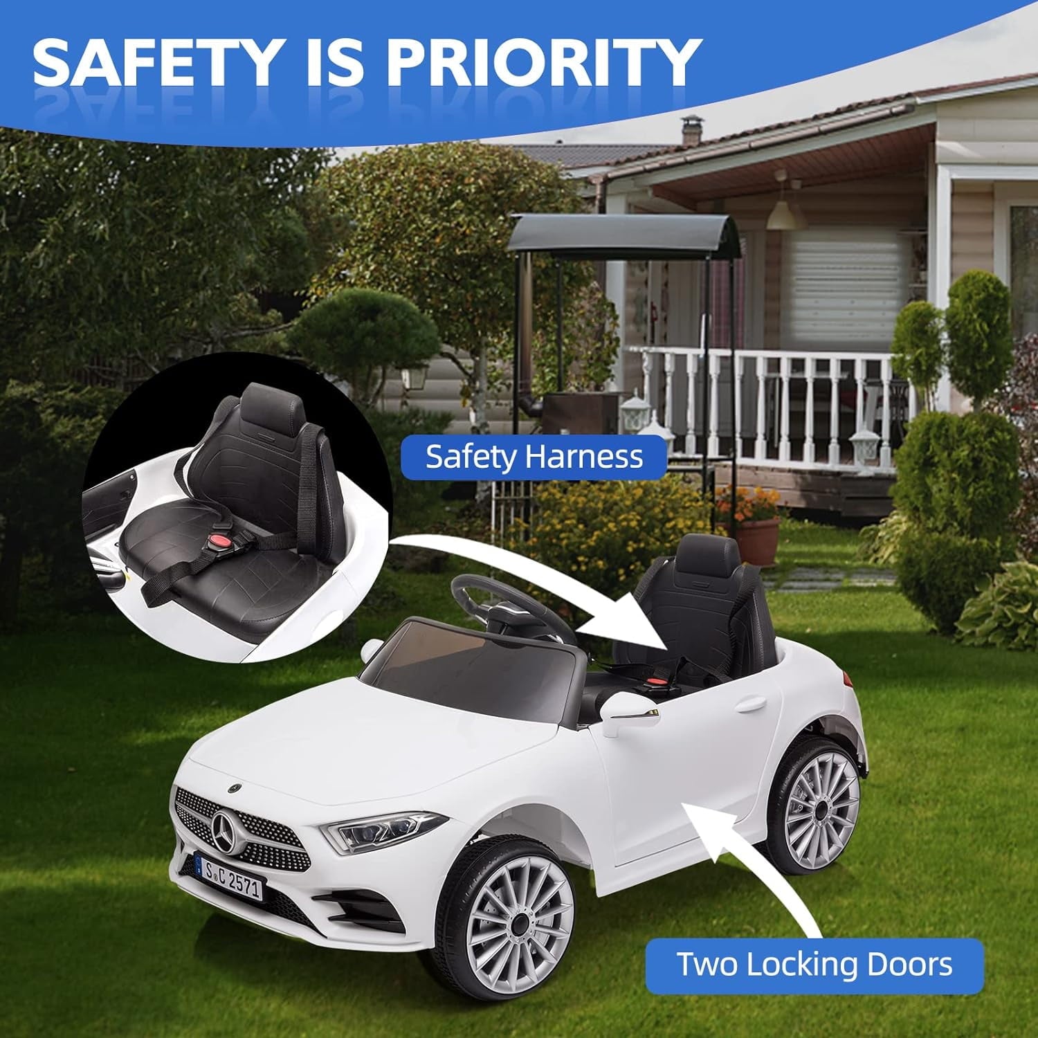 Track 7 12V Ride on Car, Licensed Mercedes-Benz CLS 350 Electric Car for Kids, Ride on Car with Remote Control, Music, Power Display, LED Lights, MP3, Kids Car for Age 3+, White