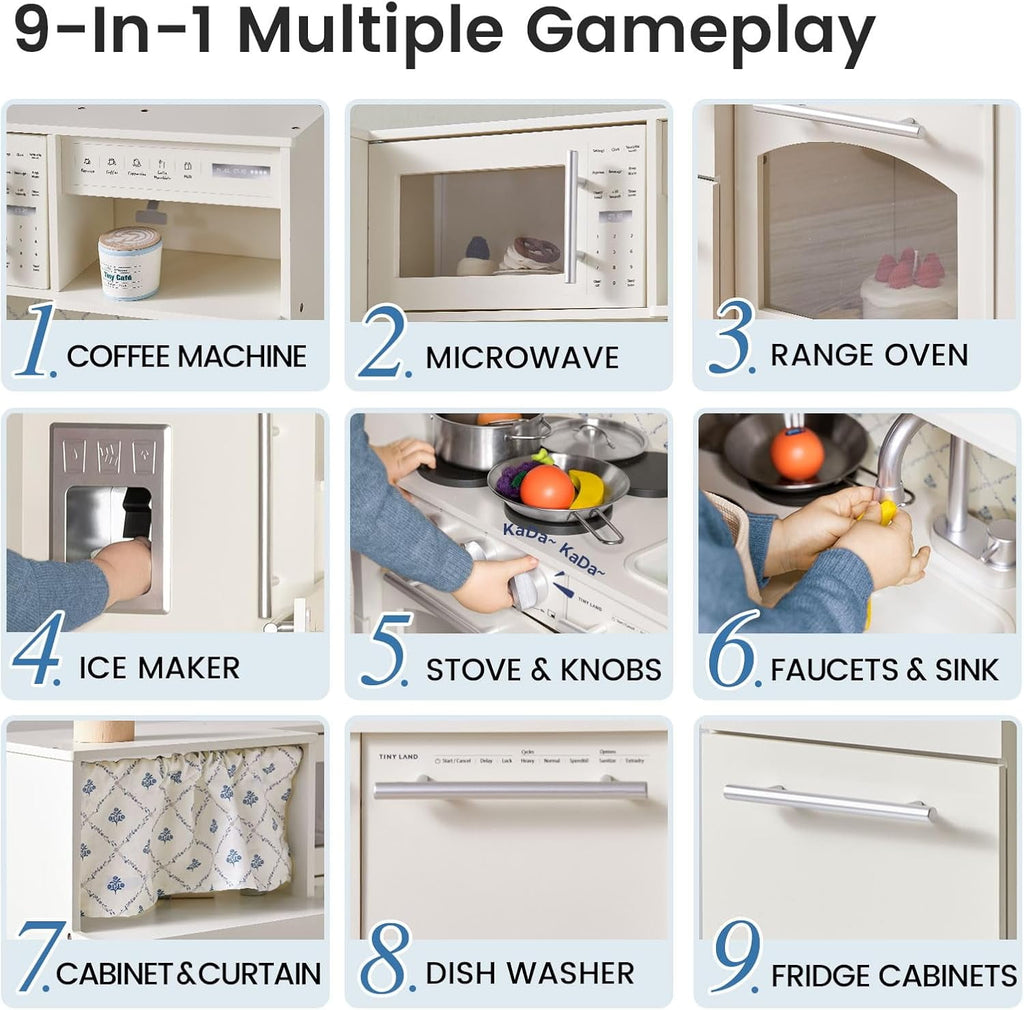 Track Seven Play Kitchen for Kids, Upgraded Wooden Kitchen Toy with Complete Play Areas, Pretend Cooking Set with Sink, Stove, Microwave, Toy Coffee Station & Storage for Kids Ages 3+, White