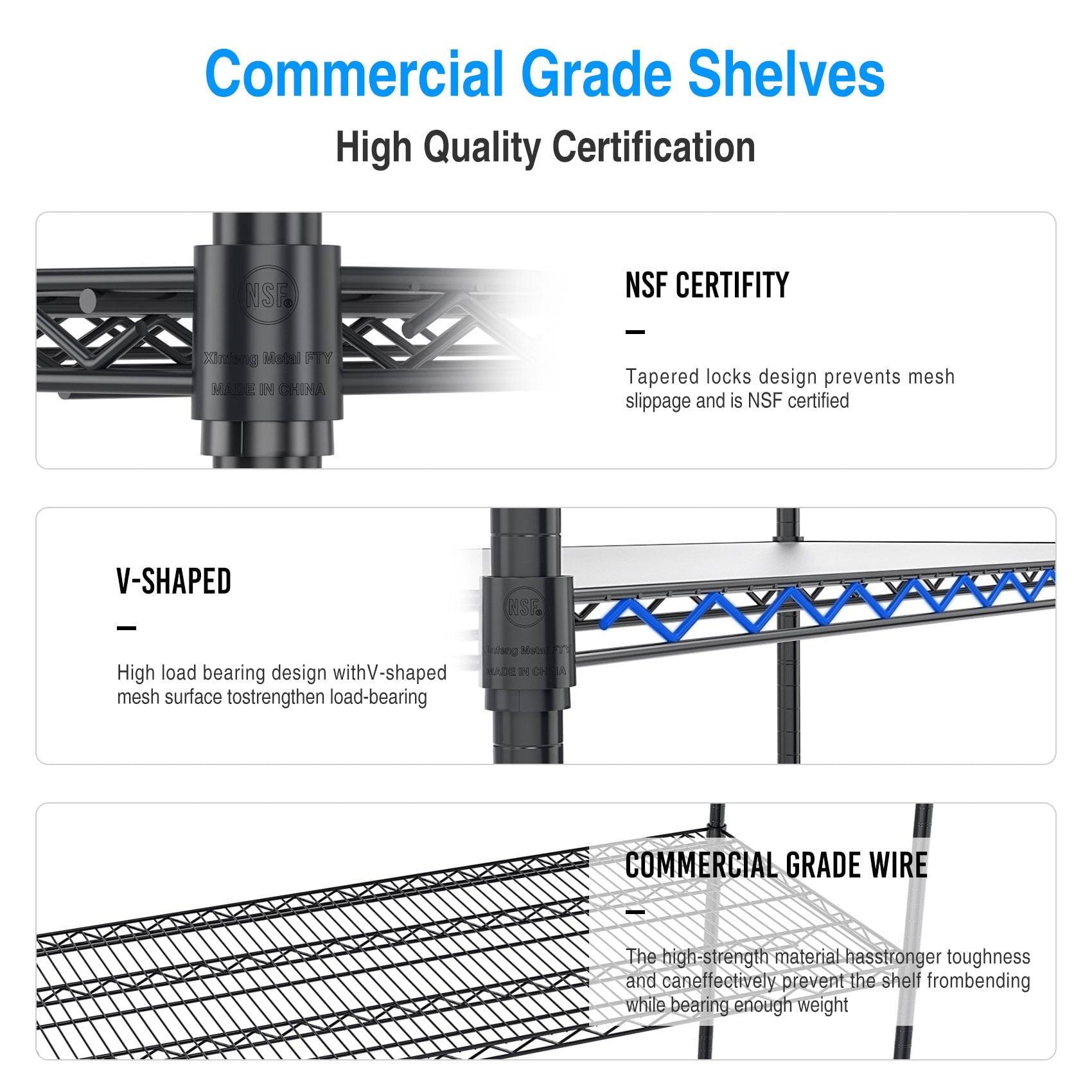COOKCOK 5-Tier Wire Shelving Unit, Height Adjustable Metal Storage Shelf, 48" x 24" x 82" Garage Storage Shelves with Wheels, 600lbs Capacity, Heavy Duty Wire Rack with PE Mat, NSF Certified, Black