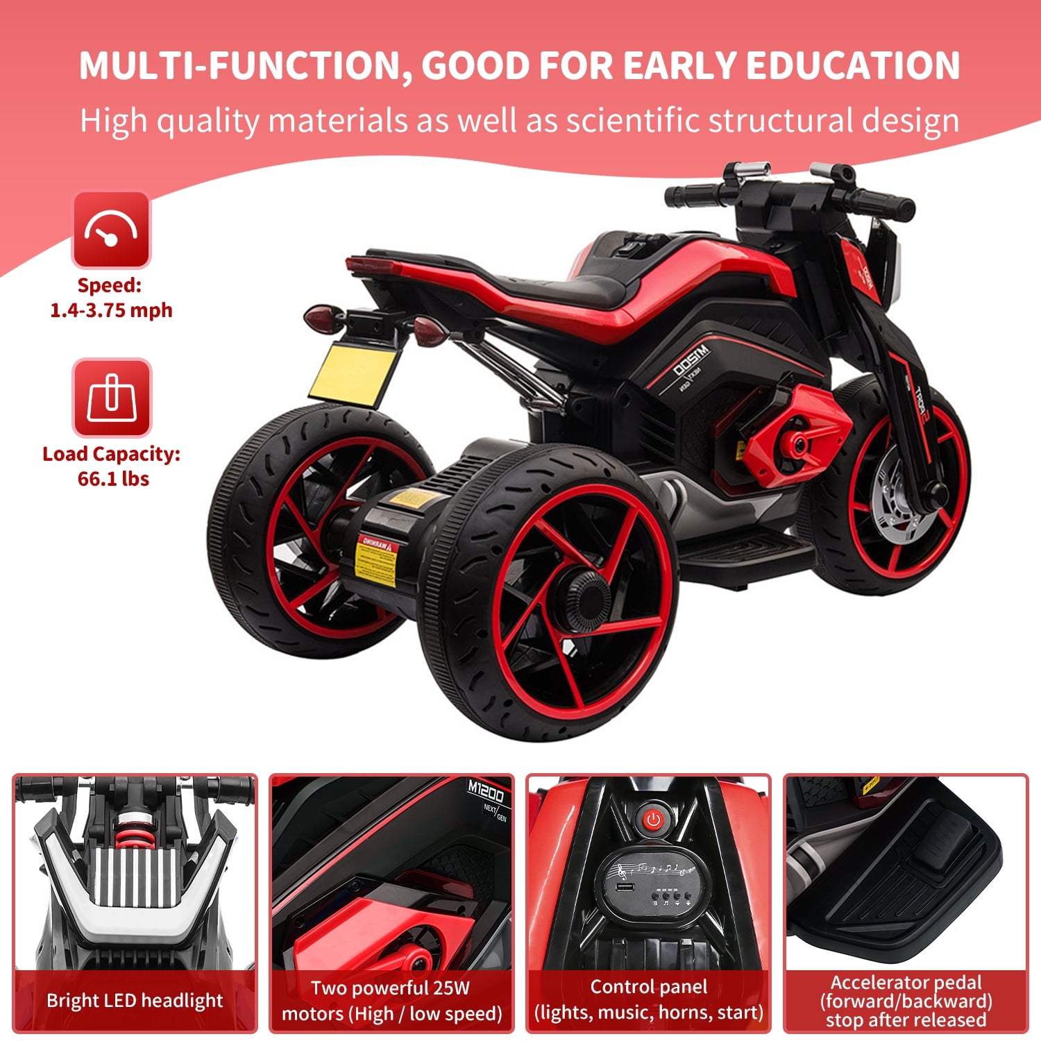 Track 7 Kids Ride on Motorcycle, 12V Electric Trike Motorcycle for Boys Girls Age 3+, 3 Wheels Motorcycle, Music, Red
