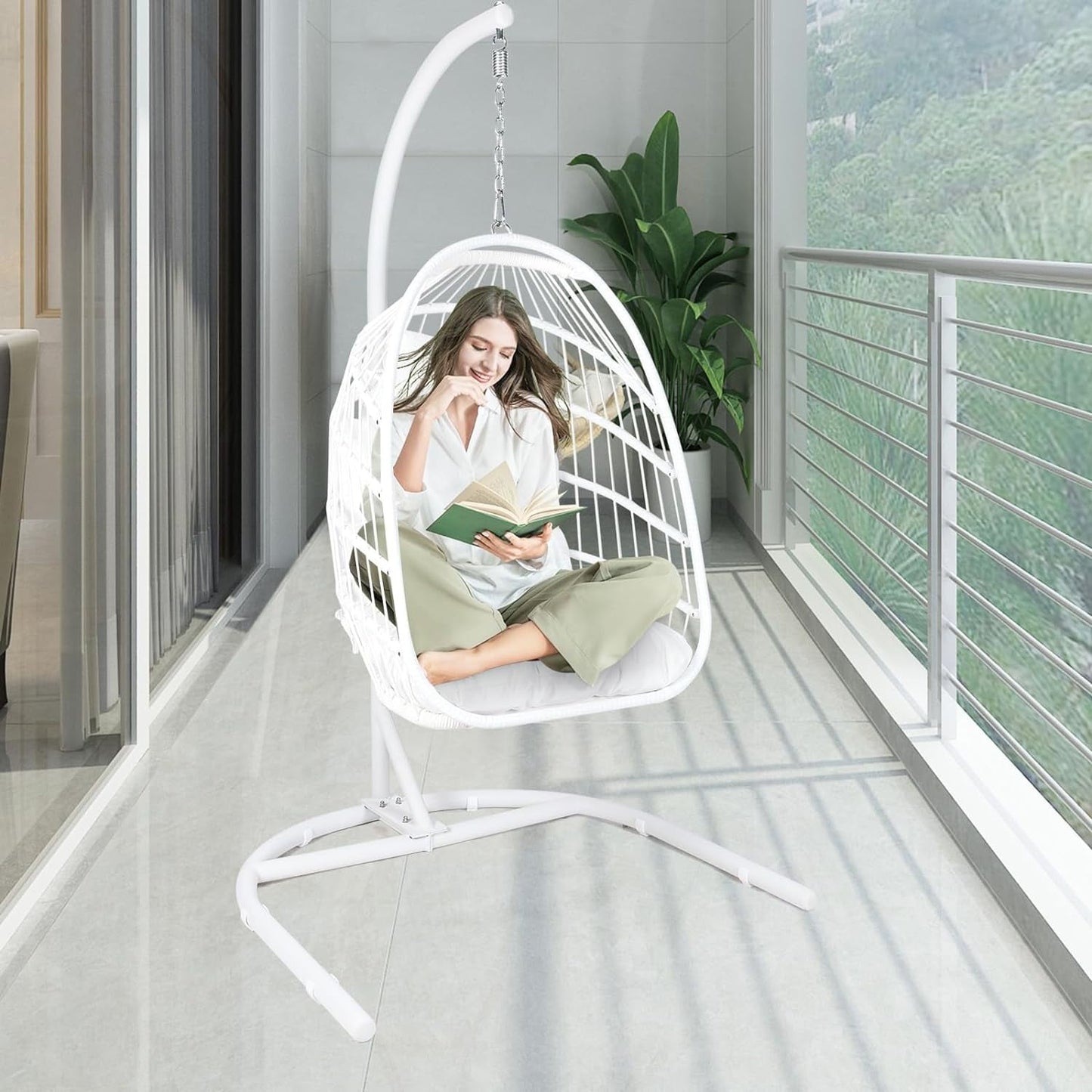 COOKCOK Hanging Egg Chair with Stand, Indoor and Outdoor for Patio, Bedroom, Porch, Garden, 350LBS Capacity, Steel, White