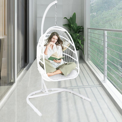 COOKCOK Hanging Egg Chair with Stand, Indoor and Outdoor for Patio, Bedroom, Porch, Garden, 350LBS Capacity, Steel, White