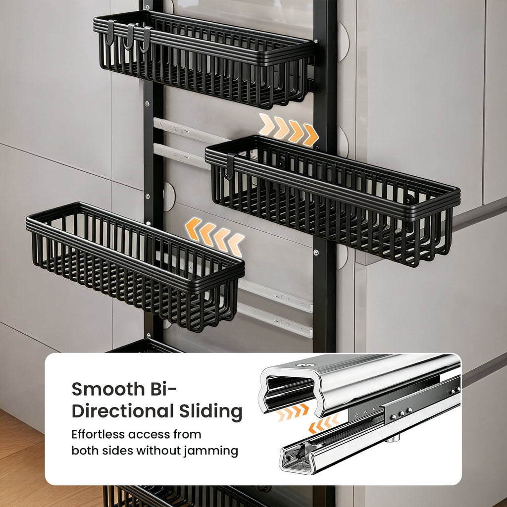 COOKCOK 7-Tier Slim Refrigerator Side Storage Rack, Narrow Space-Saving Gap Storage Shelf with Sliding Baskets, Paper Towel Holder & 4 Hooks for Kitchen, Bathroom, Laundry, Black