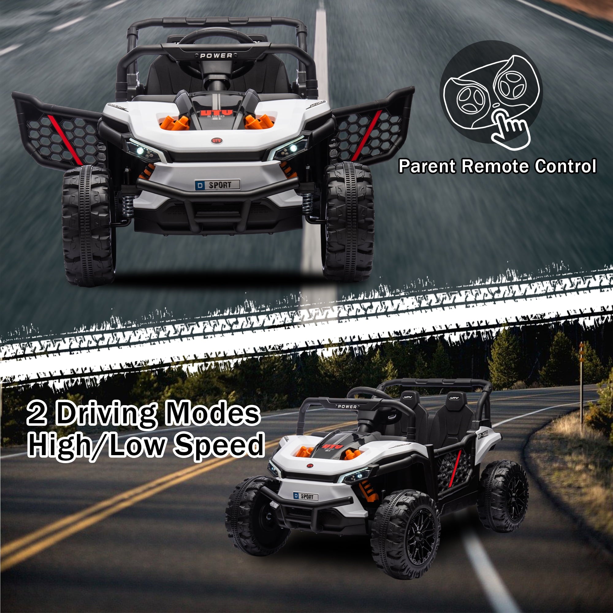 Track 7 24V Ride on UTV, Kids Ride on Car with Remote Control, Off-Road Electric UTV, 20" Large Seat, Bluetooth, LED Lights, Rear Storage, Early Education, Electric Car for Kids Age 3+, White
