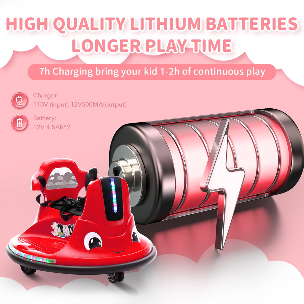 Track 7 12V Ride on Bumper Car, 360 Spin Electric Car for Boys Girls, Remote Control, Lights, Music, Ride on car, Red