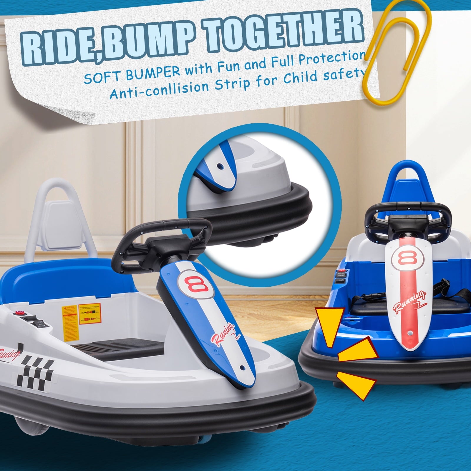 Track 7 6V Kids Ride On Bumper Car, Electric Toddles Ride On Car with Remote Control, 2 Driving Modes for Kids with Three Speed Adjustable, LED Lights, Horn, Bluetooth, White