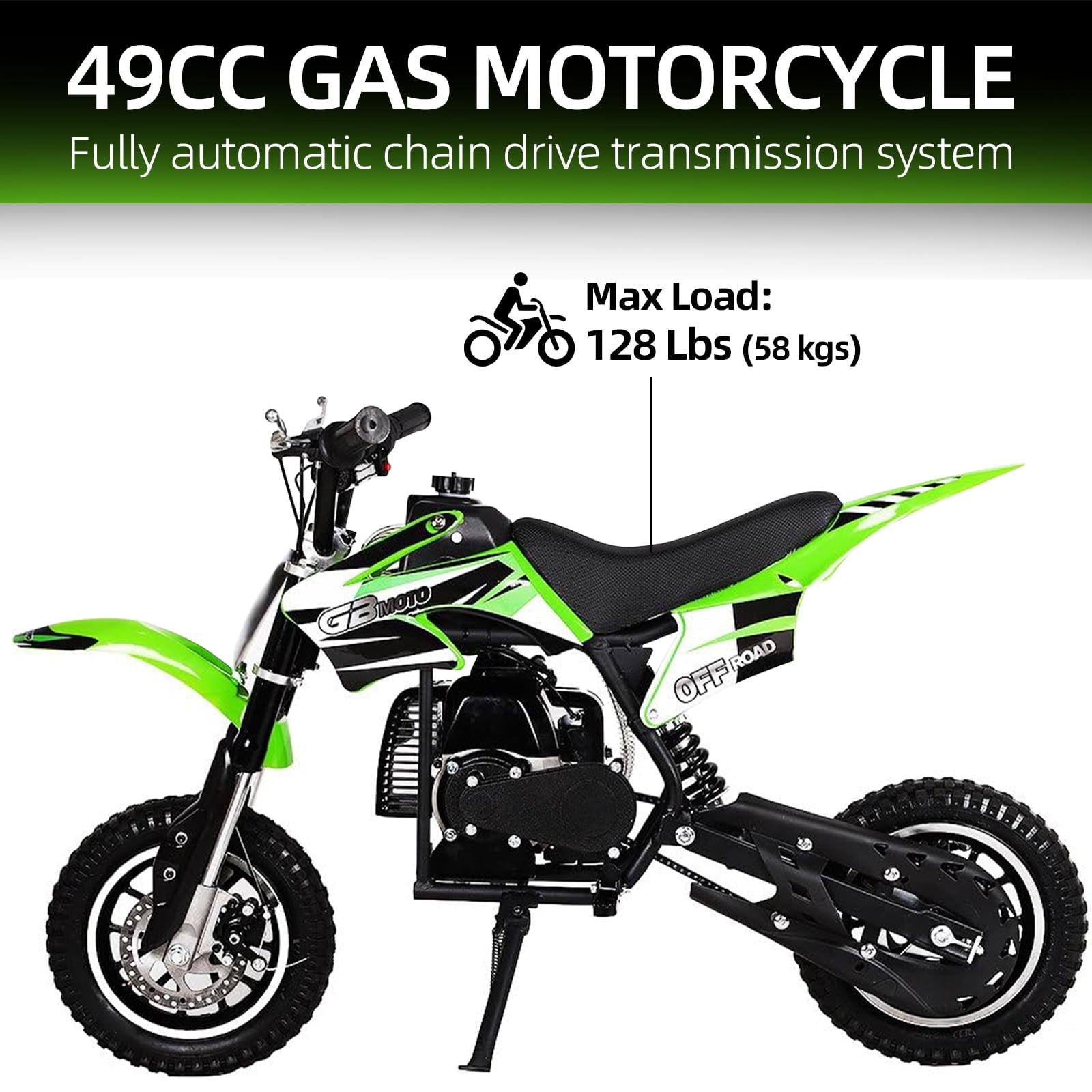 Track 7 49CC 2-Stroke Kids Dirt Bike, Off Road Gas Motorcycle, Up to 20Mph, Gas Dirt Bike w/Rear Suspension, Pull Start, Front & Rear Disc Brake, Green