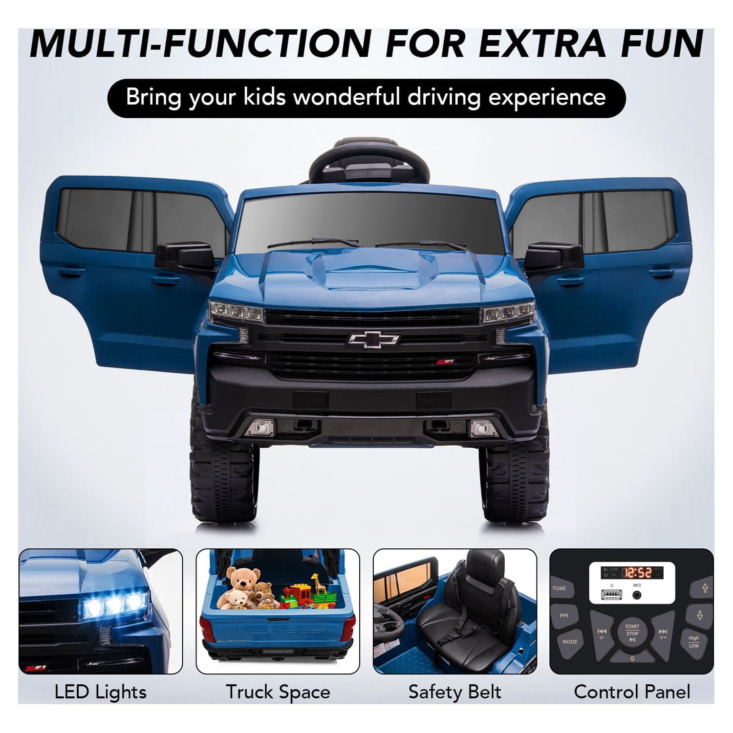Track 7 Kids Ride on Car, 12V Chevrolet Silverado Electric Car for Boys Girls, Ride on Truck with Remote Control, Music, Age 3+, Blue