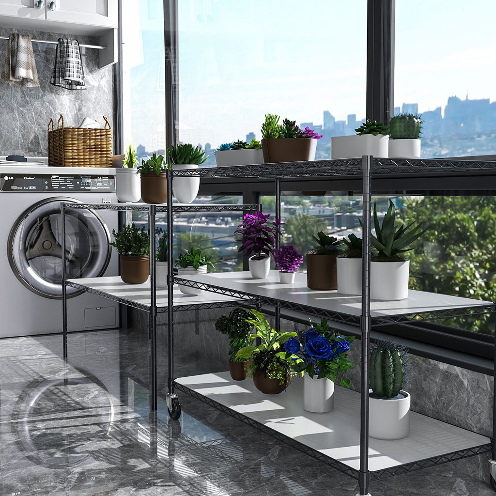 COOKCOK 5-Tier Wire Shelving Unit, Height Adjustable Metal Storage Shelf, 48" x 24" x 82" Garage Storage Shelves with Wheels, 600lbs Capacity, Heavy Duty Wire Rack with PE Mat, NSF Certified, Black