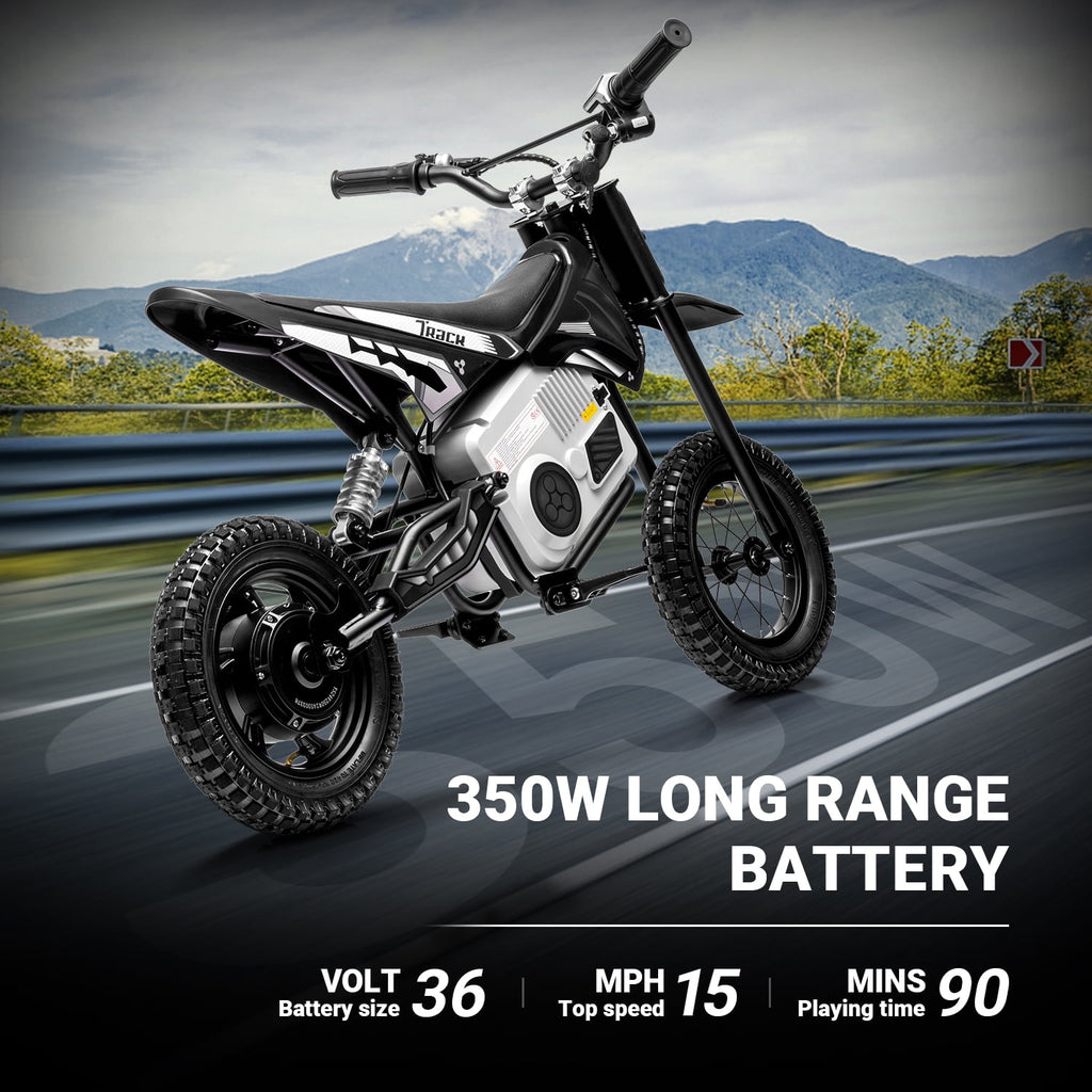Track 7 36V Electric Dirt Bike, 350W Ride on Motorcycle with Twist Grip Throttle, Hand-Operated Dual Brakes, for Age 8-12, Black