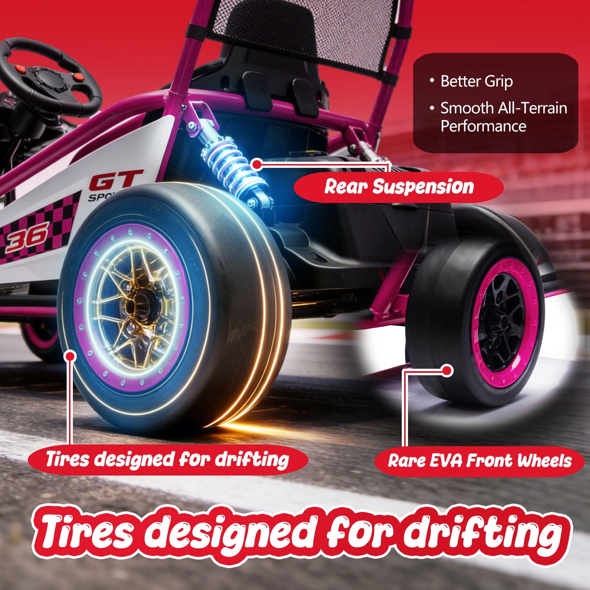 Track Seven 24V Electric Go Kart for Kids, Drift Crazy Cart with 400W Motors, Max 7 Mph, Protective Roll Cage, Metal Frame, 5-Point Harness, Bluetooth, 24V Ride on Toy Car Kart for Kids Aged 6+, Pink