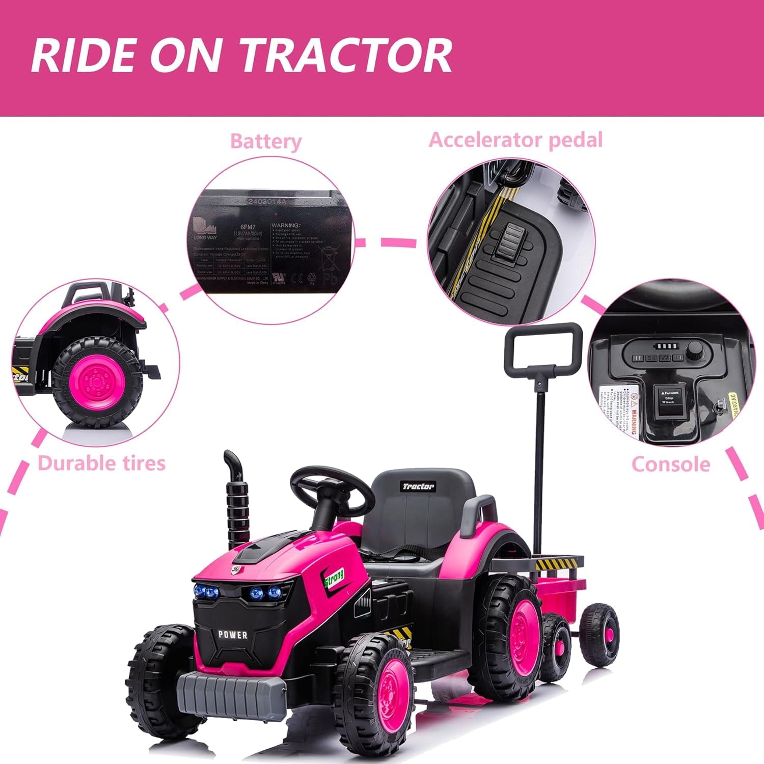 Track Seven 12V Ride on Tractor with Detachable Trailer, Kids' Electric Vehicles with LED Lights, Music, Remote Control Tractor Toy for Boys Girls Aged 3+, 12V Ride on Toys Car for Kids, Pink