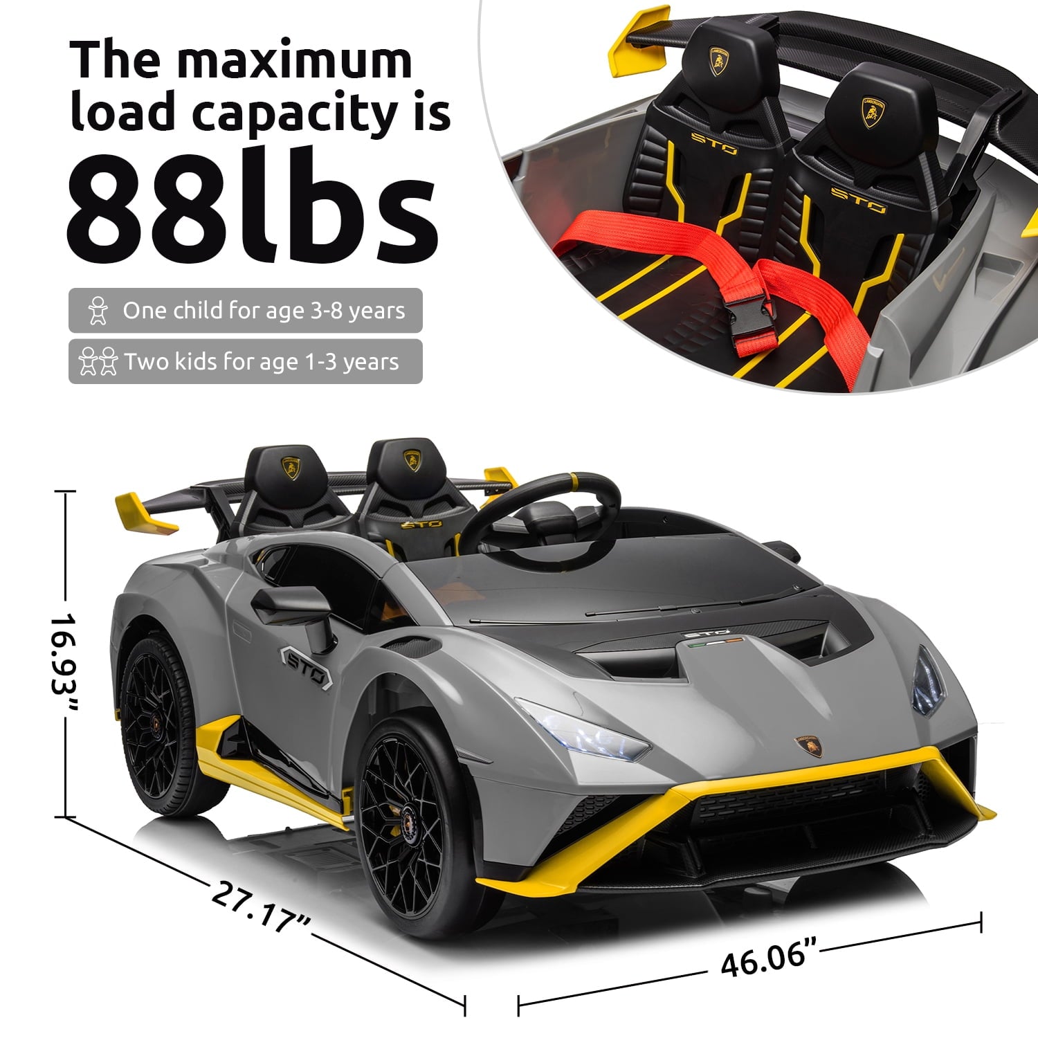 Track 7 24V Kids Ride on Car, Licensed Lamborghini STO Electric Car for Boys Girls, 2-Seater Ride on Drift Car with Remote Control, Music, 360° Spin, Max Speed 6mph, Grey
