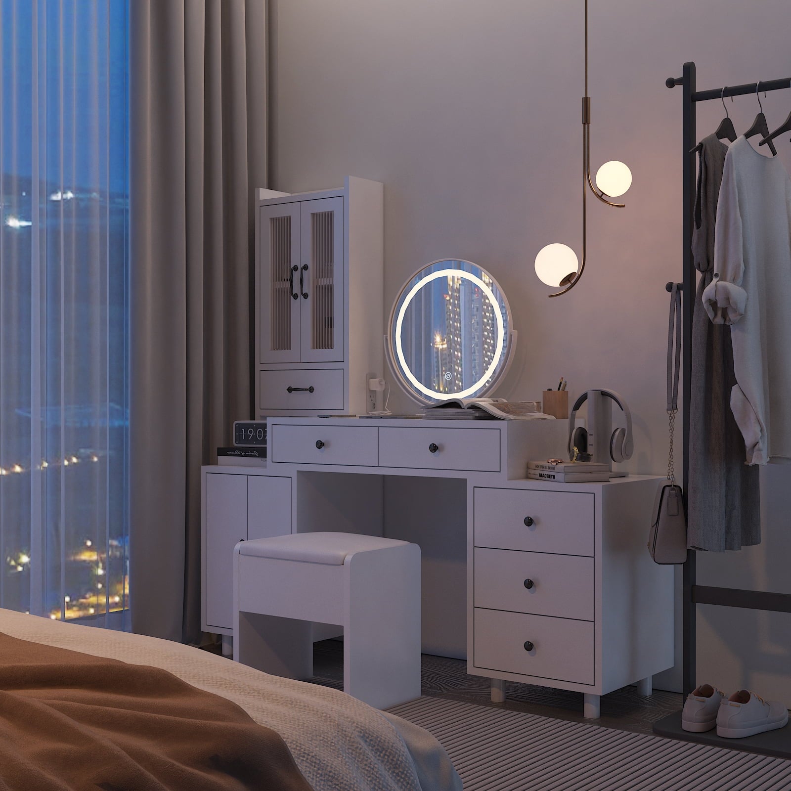 COOKCOK Makeup Vanity Desk with LED Mirror, Retractable Dressing Table with Power Outlets, Vanity Table with Side Cabinet and Nightstand, Storage Shelves, White