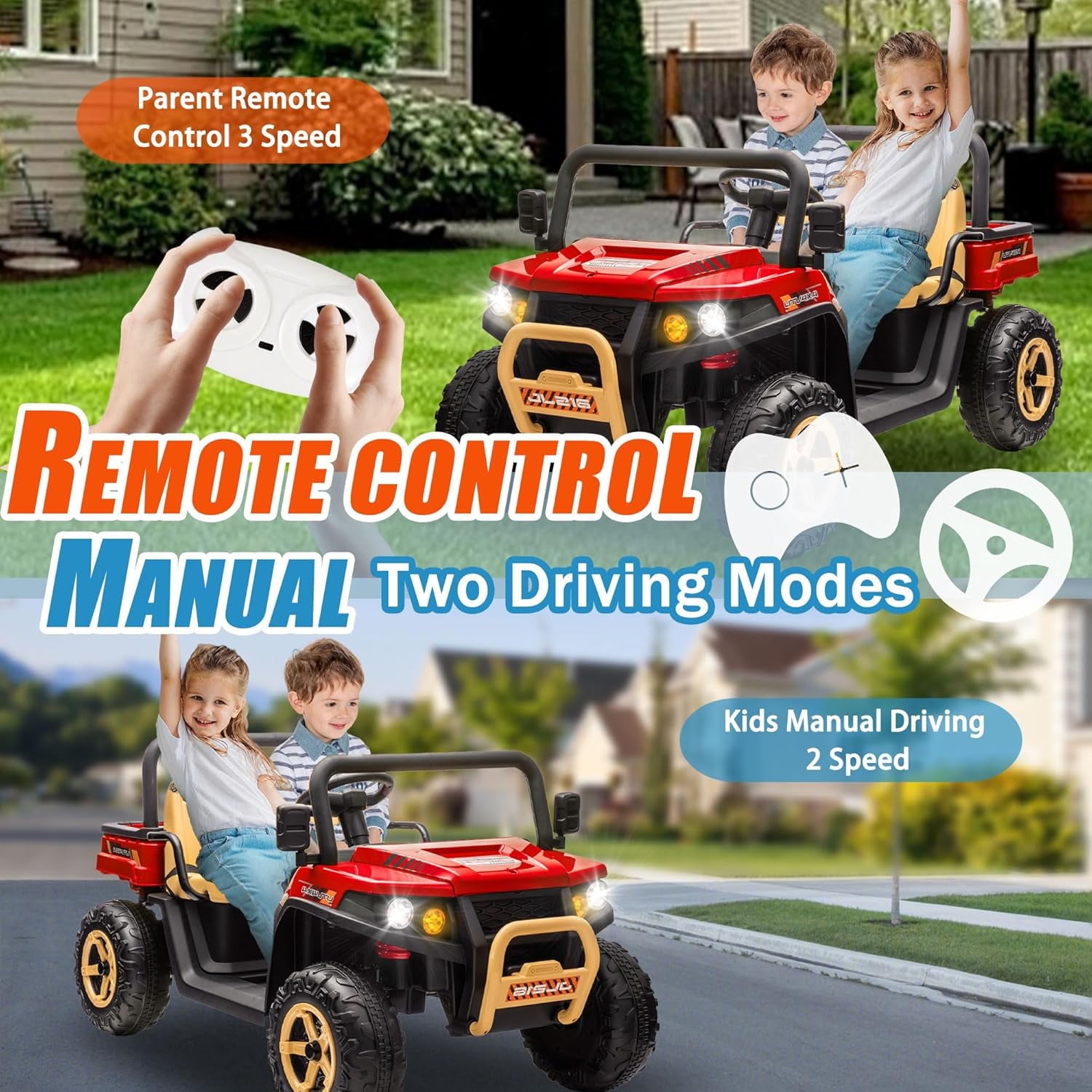 Track 7 24V 2 Seater Ride on Car, 25.79" Width Large Seat, 24V Ride On UTV w/Remote Control, Automatic Tipping Bucket, Bluetooth, Portable Handle, Electric Car Truck for Boys Girls Age 3+, Red