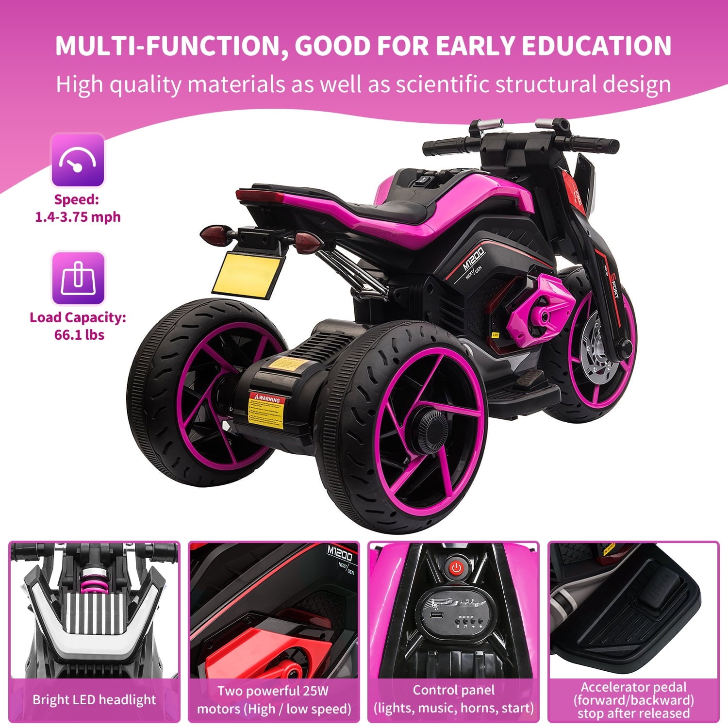 Track 7 Kids Ride on Motorcycle, 12V Electric Trike Motorcycle for Boys Girls Age 3+, 3 Wheels Motorcycle, Music, Pink
