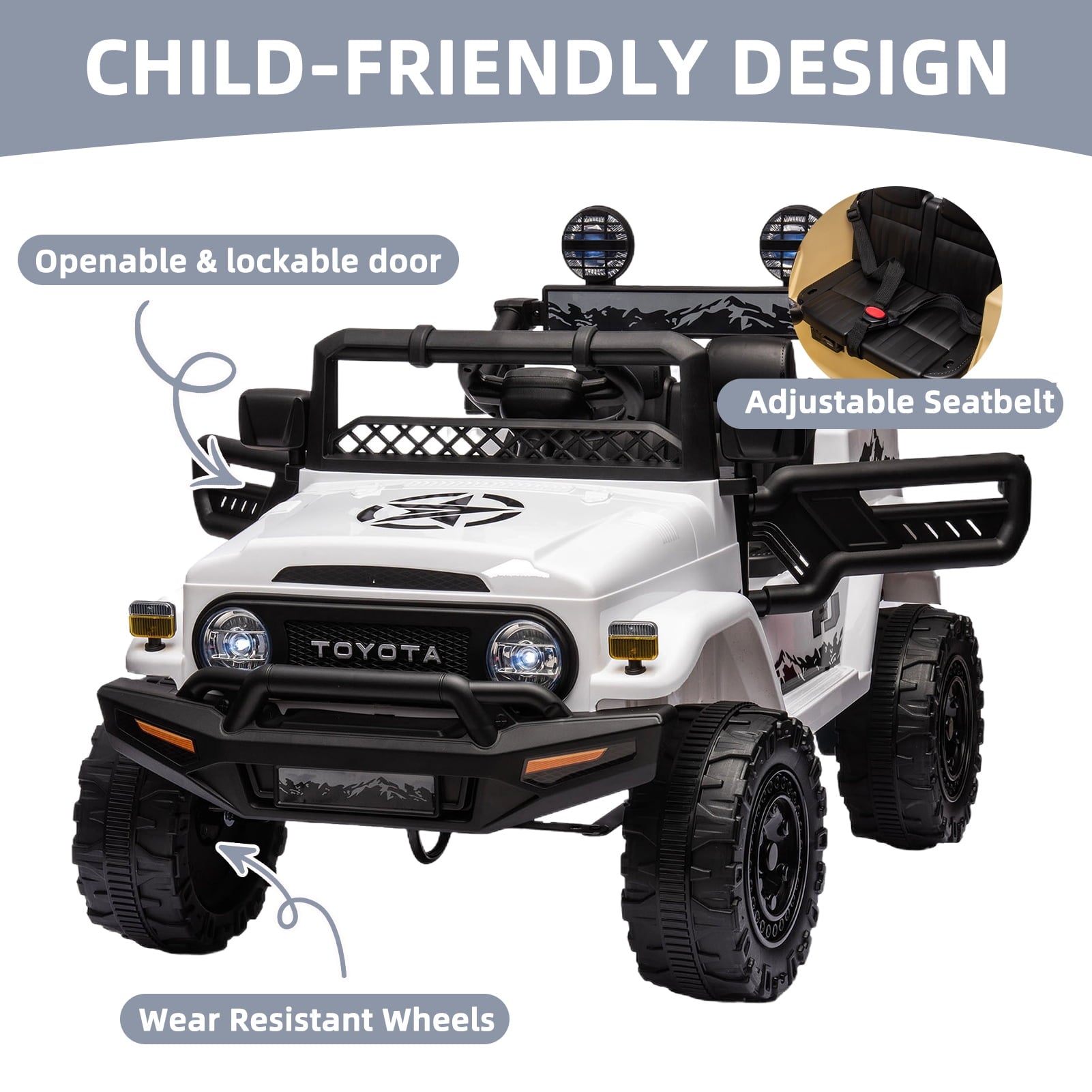 Track 7 Kids Ride on Truck, 12V Licensed Toyota FJ Cruiser Electric Car for Kids Age 3+, Ride on Car w/Remote Control, Power Display, Music, White