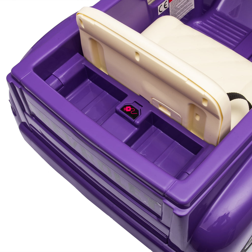 Track 7 12V Ride on Car, Licensed Chevrolet 3100 Pickup Electric Car, Remote Control, Vintage Style, 3 Speeds (Up to 3.11 MPH), LED Lights, Bluetooth, USB, Storage Spac for Ages 3+, Purple