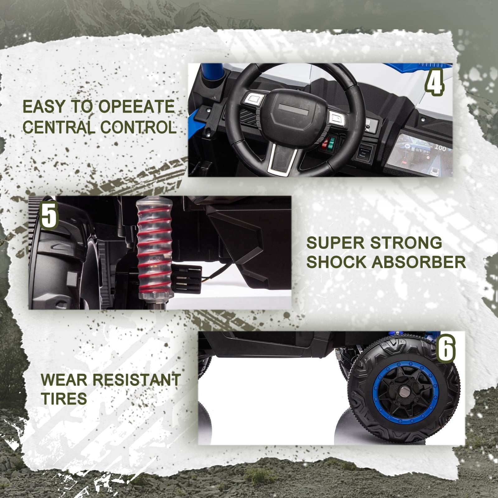 Track 7 24V Ride on UTV, 2-Seater Ride on Car with Remote Control, Music, 2 Speed, Key Start, 4x4 Ride on Off-Road Truck, Blue