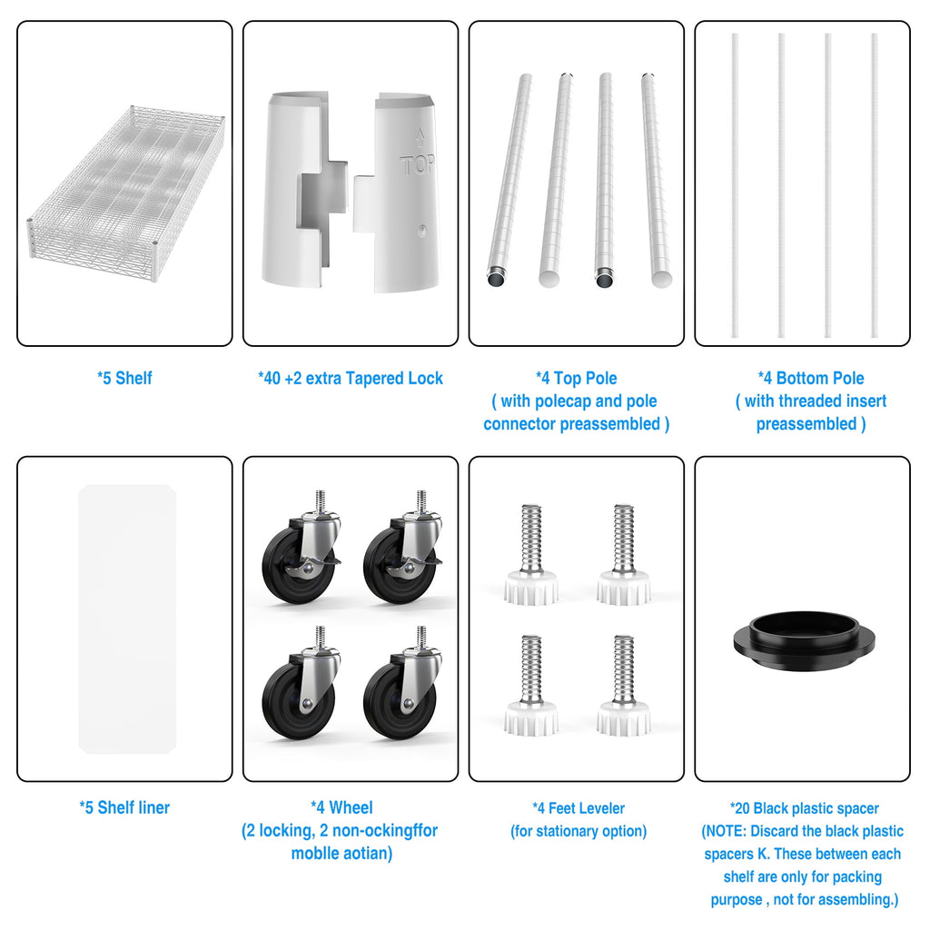 COOKCOK 5-Tier Wire Shelving Unit, 600lbs Heavy Duty Adjustable Metal Storage Shelf with Wheels, 82" H x 60" L x 24" D Garage Shelf with PE Mat, Leveling Feet, NSF Certified, White