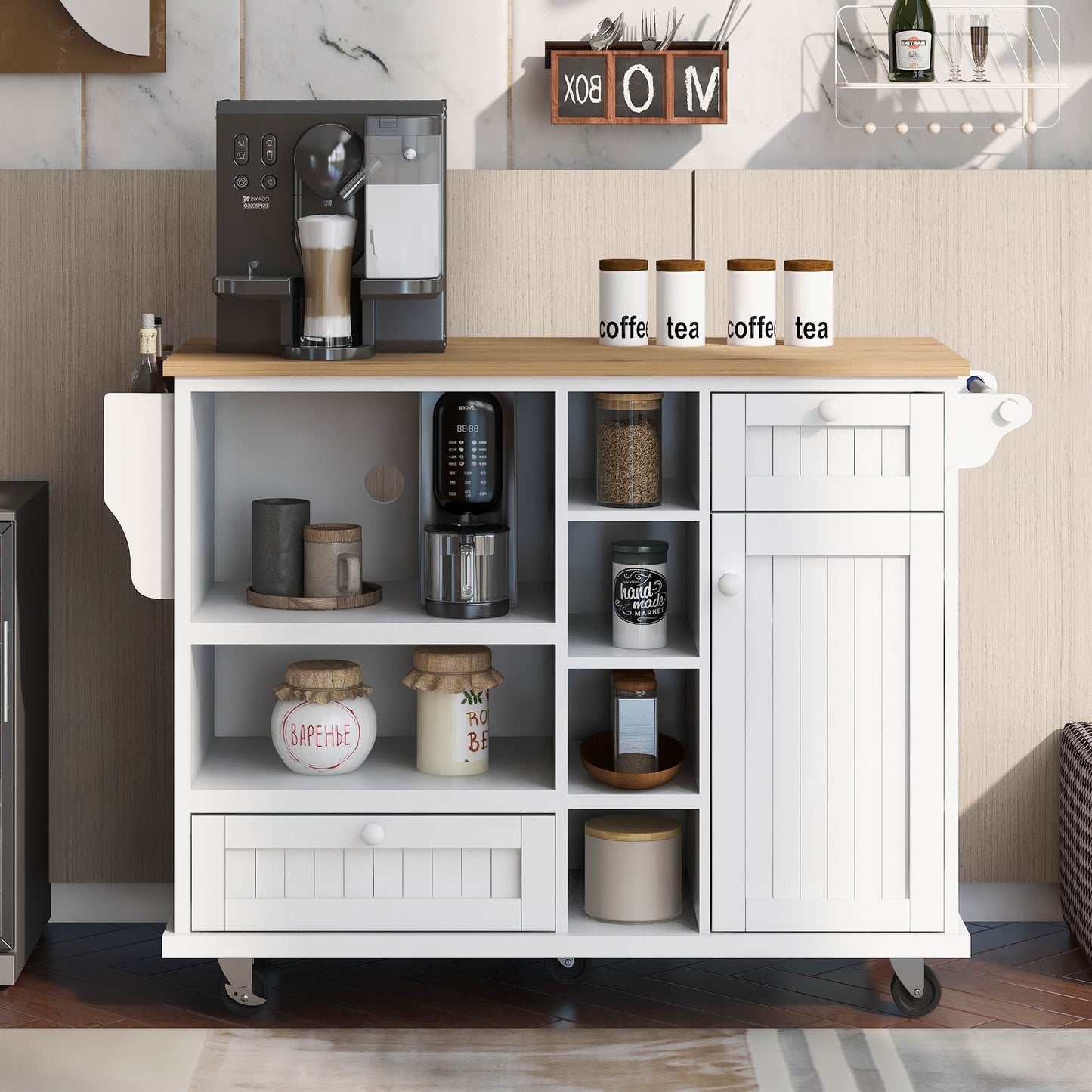 COOKCOK Kitchen Island Cart with Storage Cabinet, Rolling Mobile Kitchen Cart with Wood Desktop, Microwave Cabinet, Floor Standing Buffet Server Sideboard for Kitchen Room, Dining Room, White