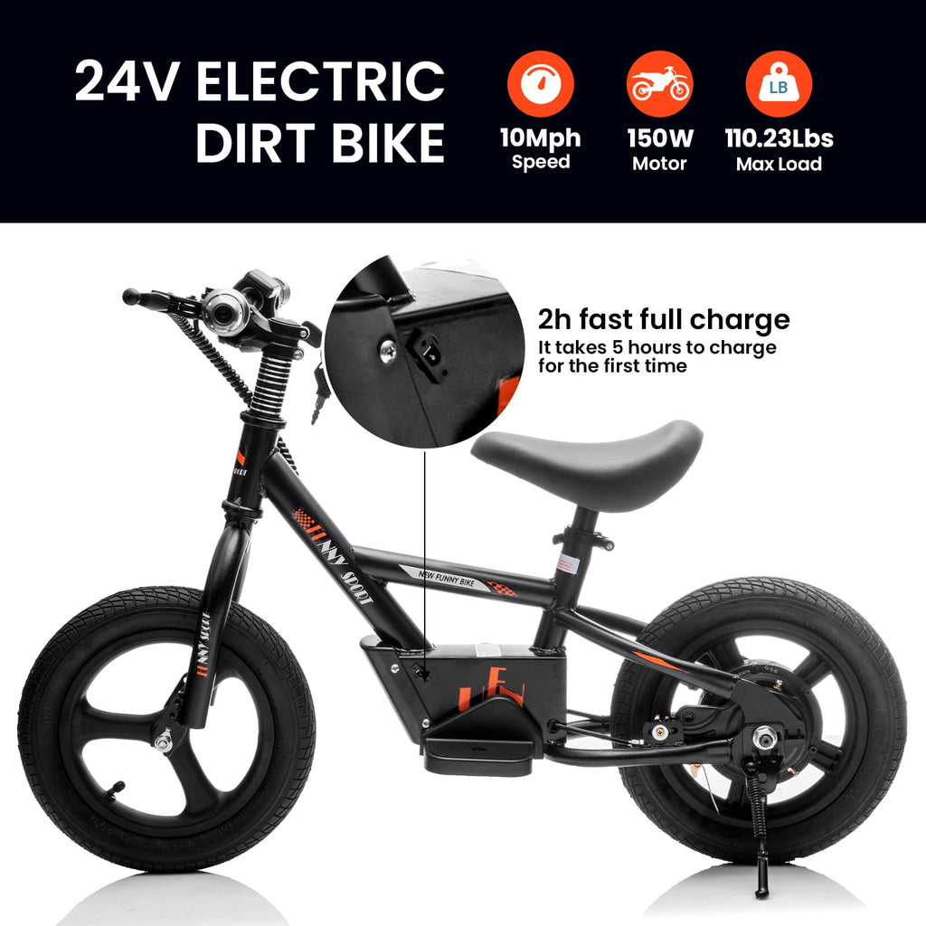 Track 7 24V Electric Dirt Bike, Kids Electric Motorcycle, Max Speed 10 mph, Height Adjustable, Power Display, Hand-Operated Brakes, Electric Balance Bike for Boys Girls Age 3+, 24V Ride on Car, Black
