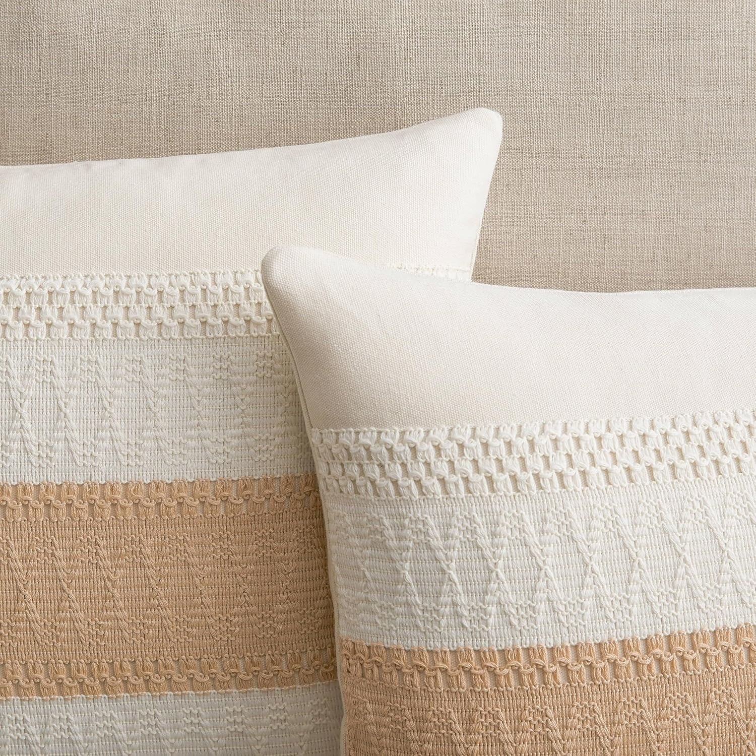 COOKCOK 2 Packs Cotton Boho Christmas Pillow Covers 18x18 Inch Contrast Beige, Soft Farmhouse Decorative Couch Pillow Cases Beige Cushion Covers for Sofa Bed Living Room Home Decor