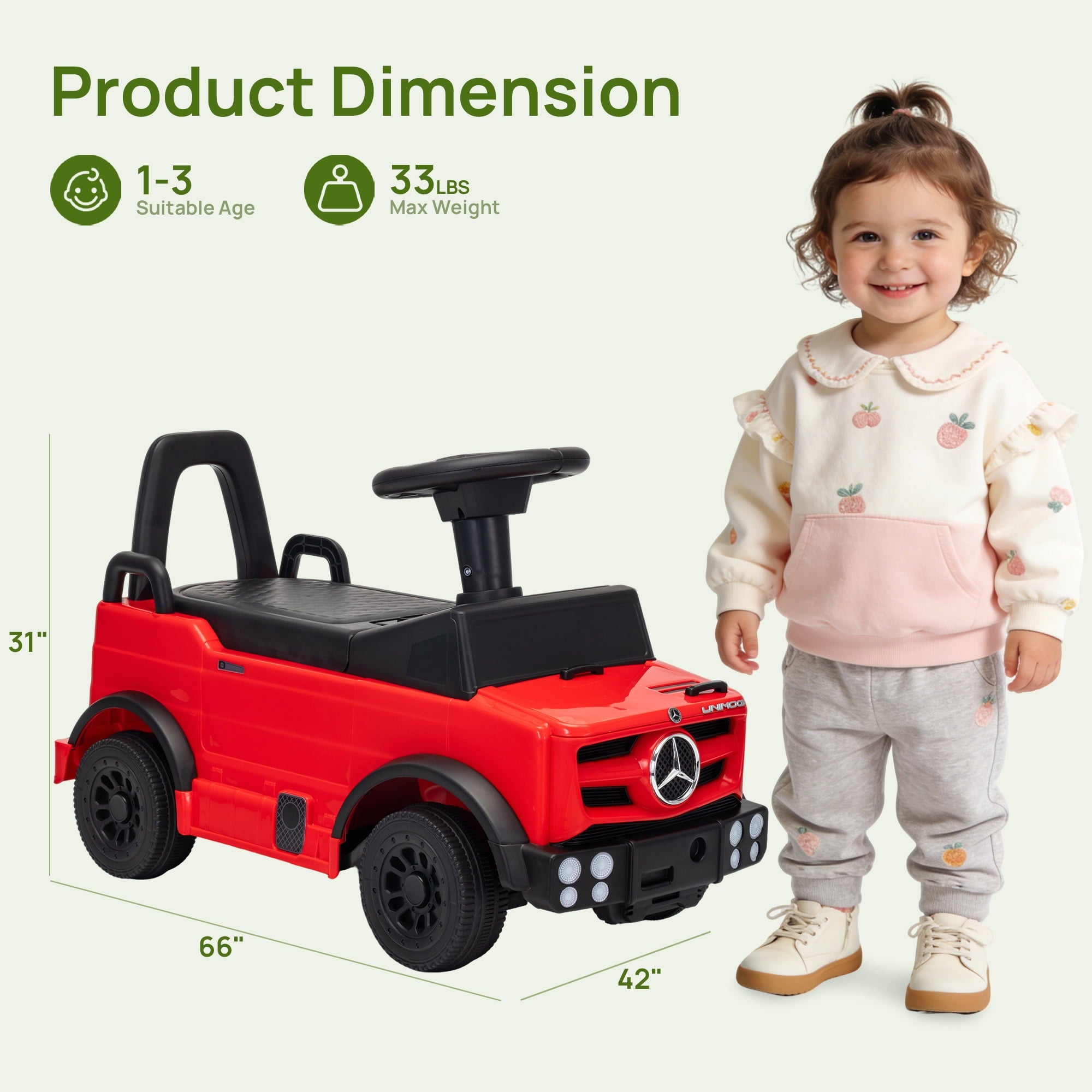 Track Seven Ride-On Push Car for Toddlers, Licensed Mercedes-Benz Unimog Sliding Car w/Steering Wheel, Under Seat Storage, Foot-to-Floor Ride On Toy for Boys & Girls Aged 1-3 Years, Red