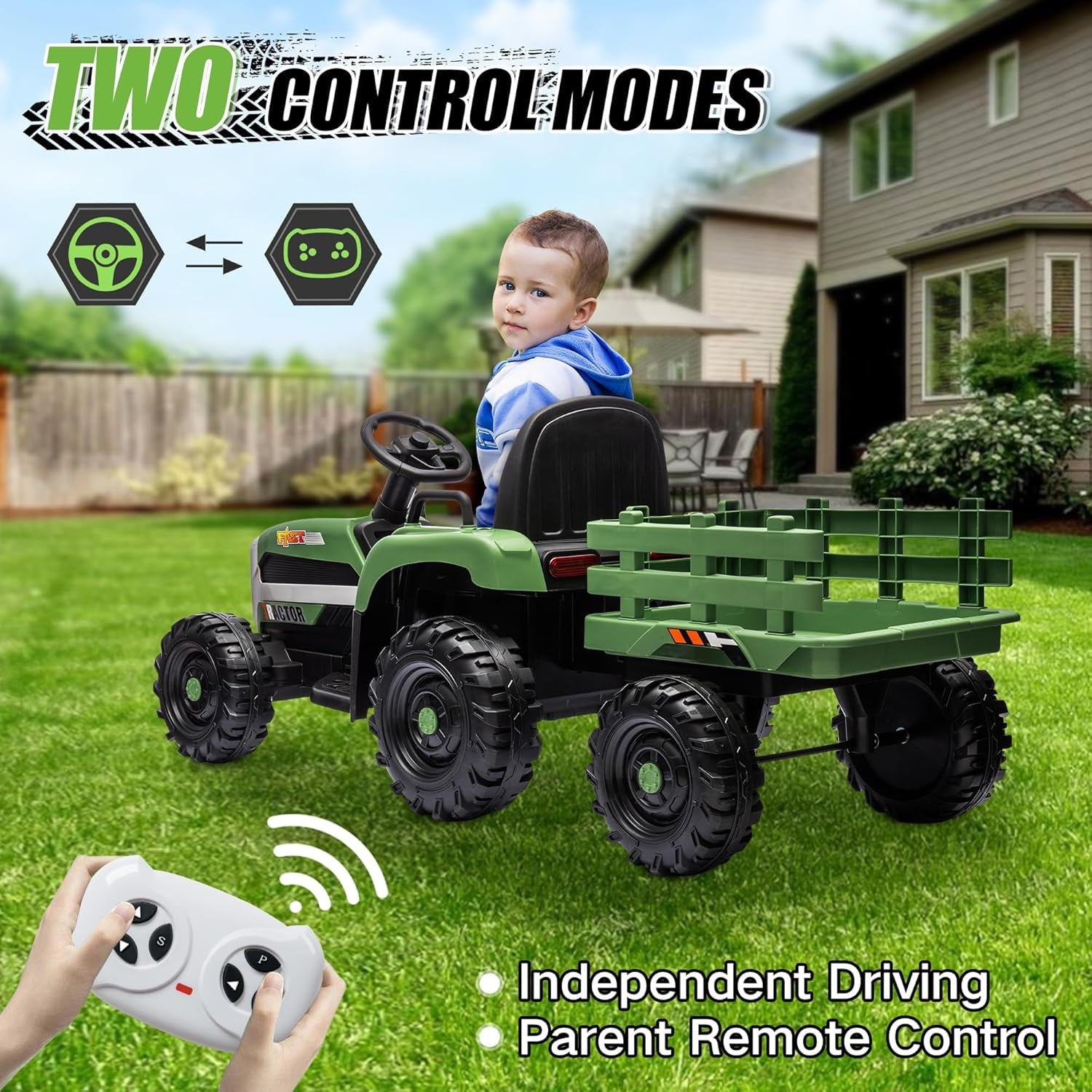 Track 7 24V Ride on Tractor with Trailer, 400W Motor, 6-Wheels Ride on Car with Remote Control, Music, Lights, 24V Electric Tractor Max Speed 4.9 mph, Green