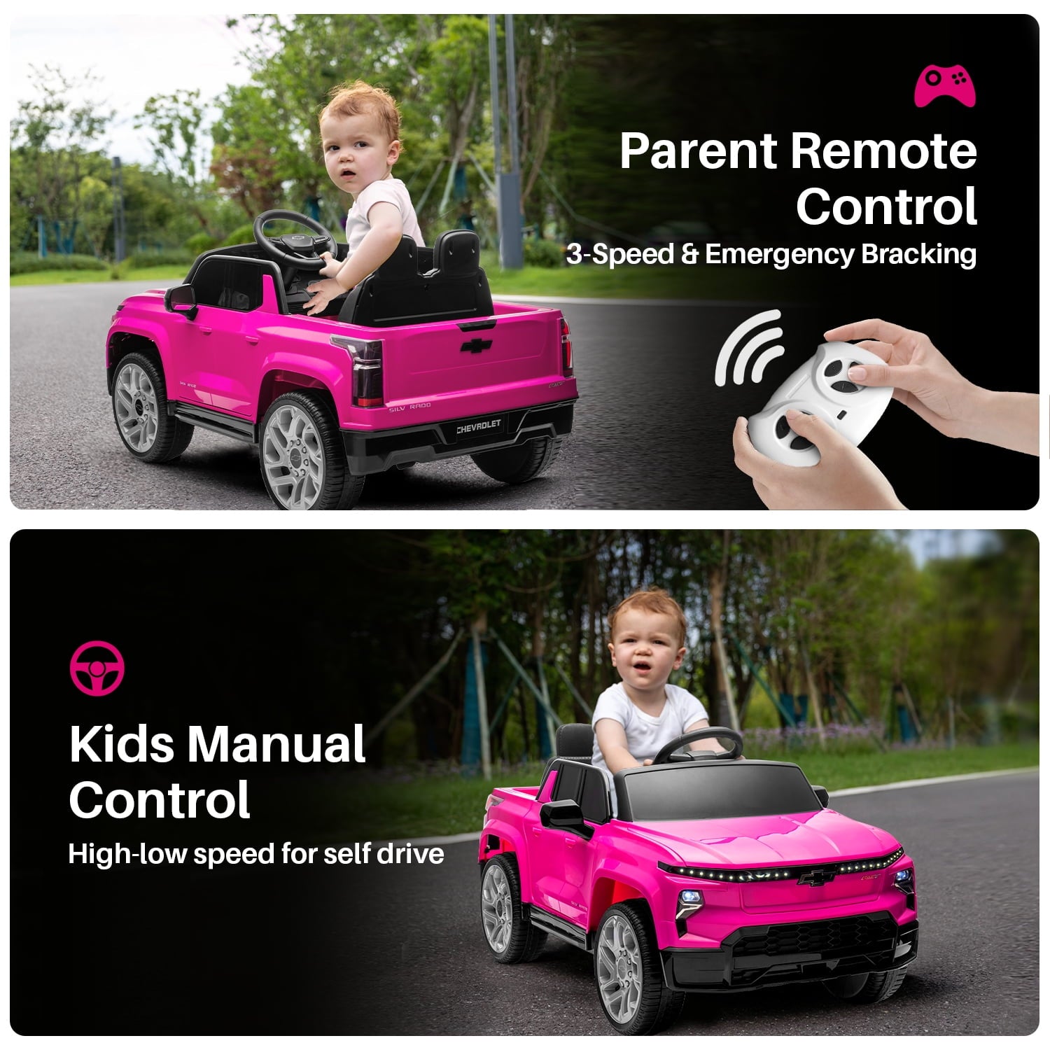 Track 7 12V Ride on Car, Licensed Chevrolet Silverado Electric Car with Remote Control, Bluetooth, LED Lights, Power Display, Rear Storage, 12V Ride on Truck Car for Boys Girls Age 3+, Blue