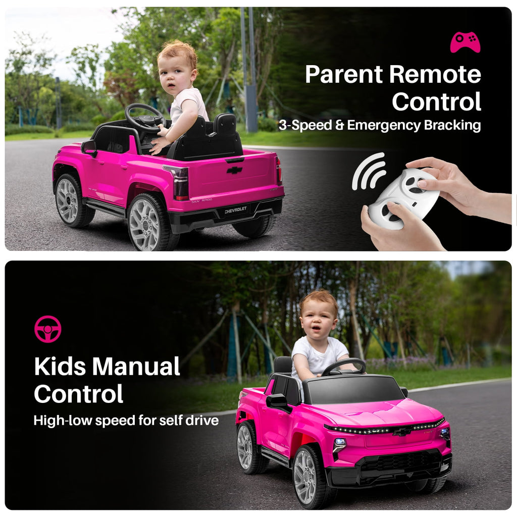 Track Seven 12V Ride on Car, Licensed Chevrolet Silverado Electric Car with Remote Control, Bluetooth, LED Lights, Power Display, Rear Storage, 12V Ride on Truck Car for Boys Girls Age 3+, Blue