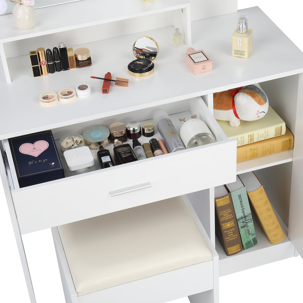 COOKCOK Vanity Set with Lighted Mirror, 10 LED Bulbs Vanity Dressing Table with 3 Storage Shelves 1 Drawer 1 Cabinet, Makeup Table with Cushioned Stool, White