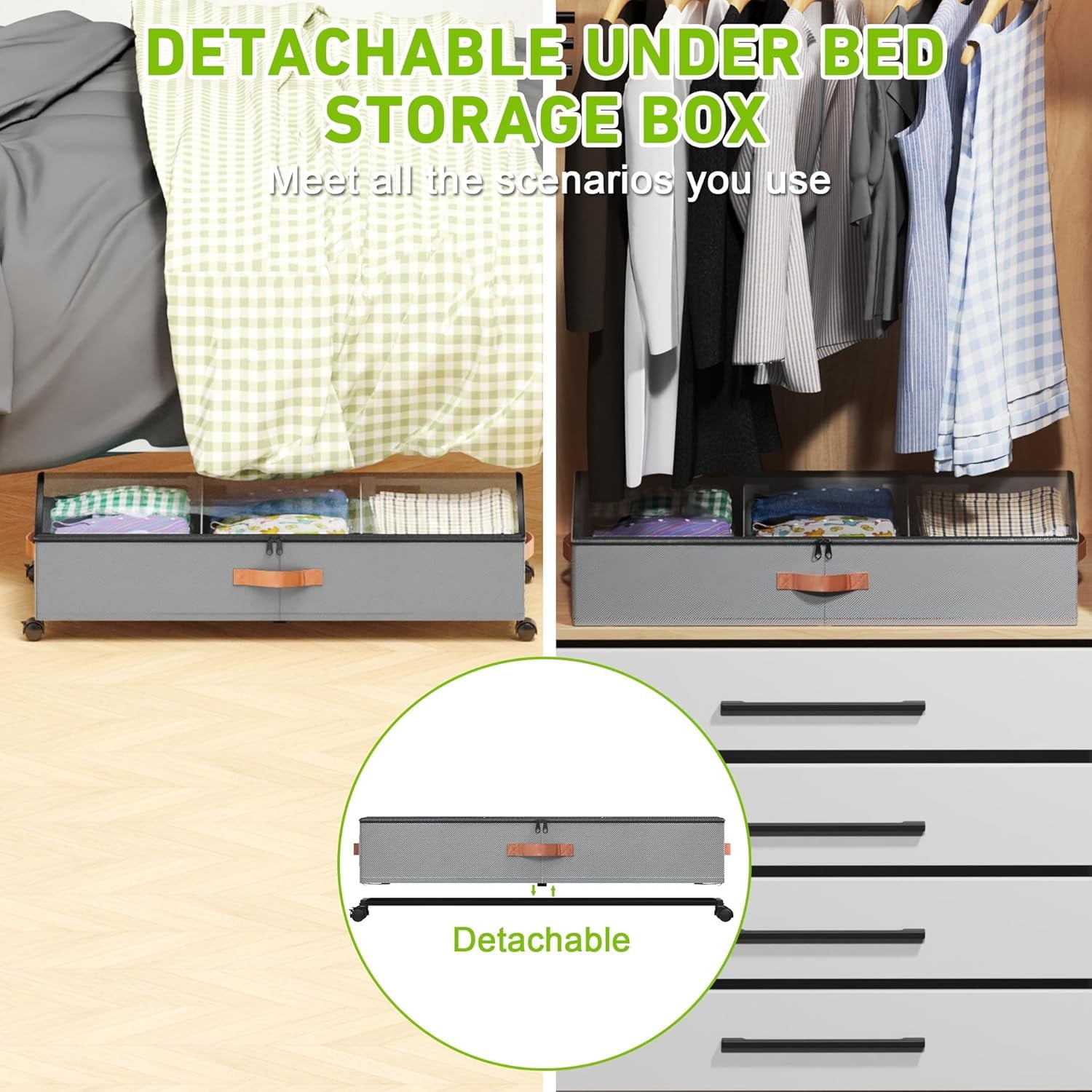 COOKCOK Under Bed Storage with Wheels, 2 Pack Under Bed Storage Containers with Dividers & Clear Lids, Under the bed storage Organizer Bins, Underbed Storage for Clothes, Toys, Shoes, Grey