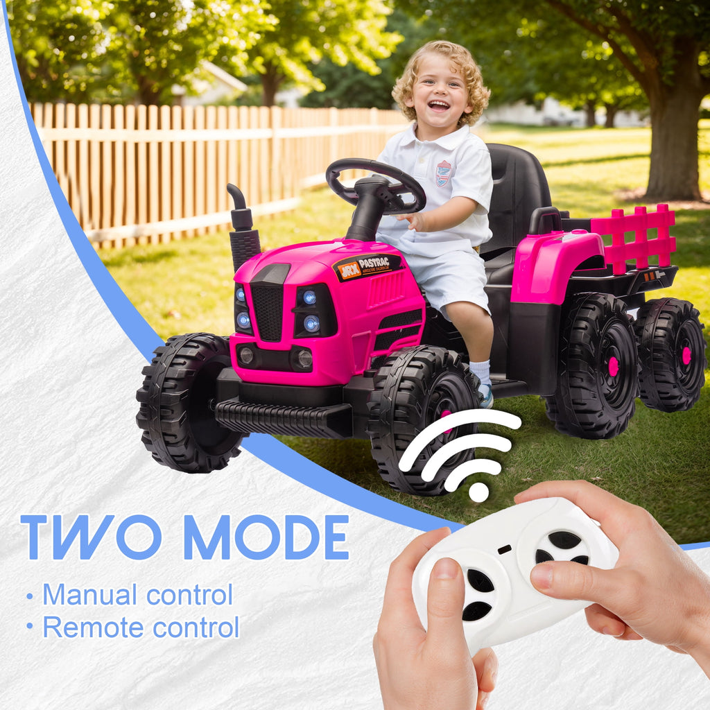 Track 7 24V Ride on Tractor, 400W Electric Tractor with Detachable Trailer, Remote Control, USB, MP3, Power Display, LED Lights, Max Speed 4.97 mph, 24V Electric Car for Boys Girls Age 3+, RoseRed