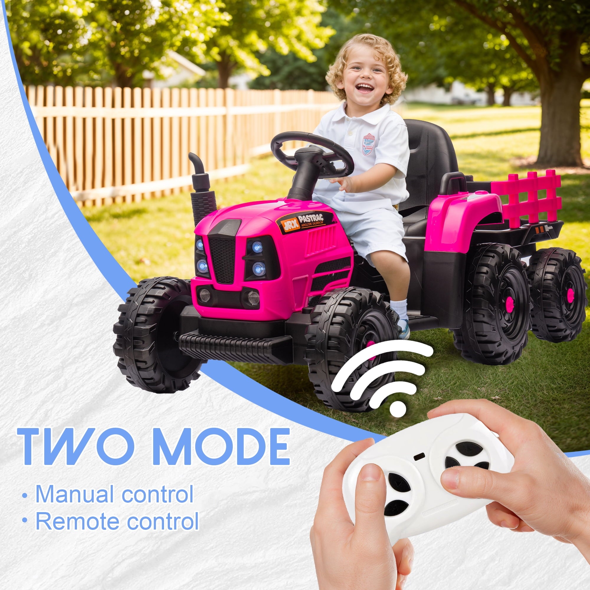 Track 7 24V Ride on Tractor, 400W Electric Tractor with Detachable Trailer, Remote Control, USB, MP3, Power Display, LED Lights, Max Speed 4.97 mph, 24V Electric Car for Boys Girls Age 3+, RoseRed