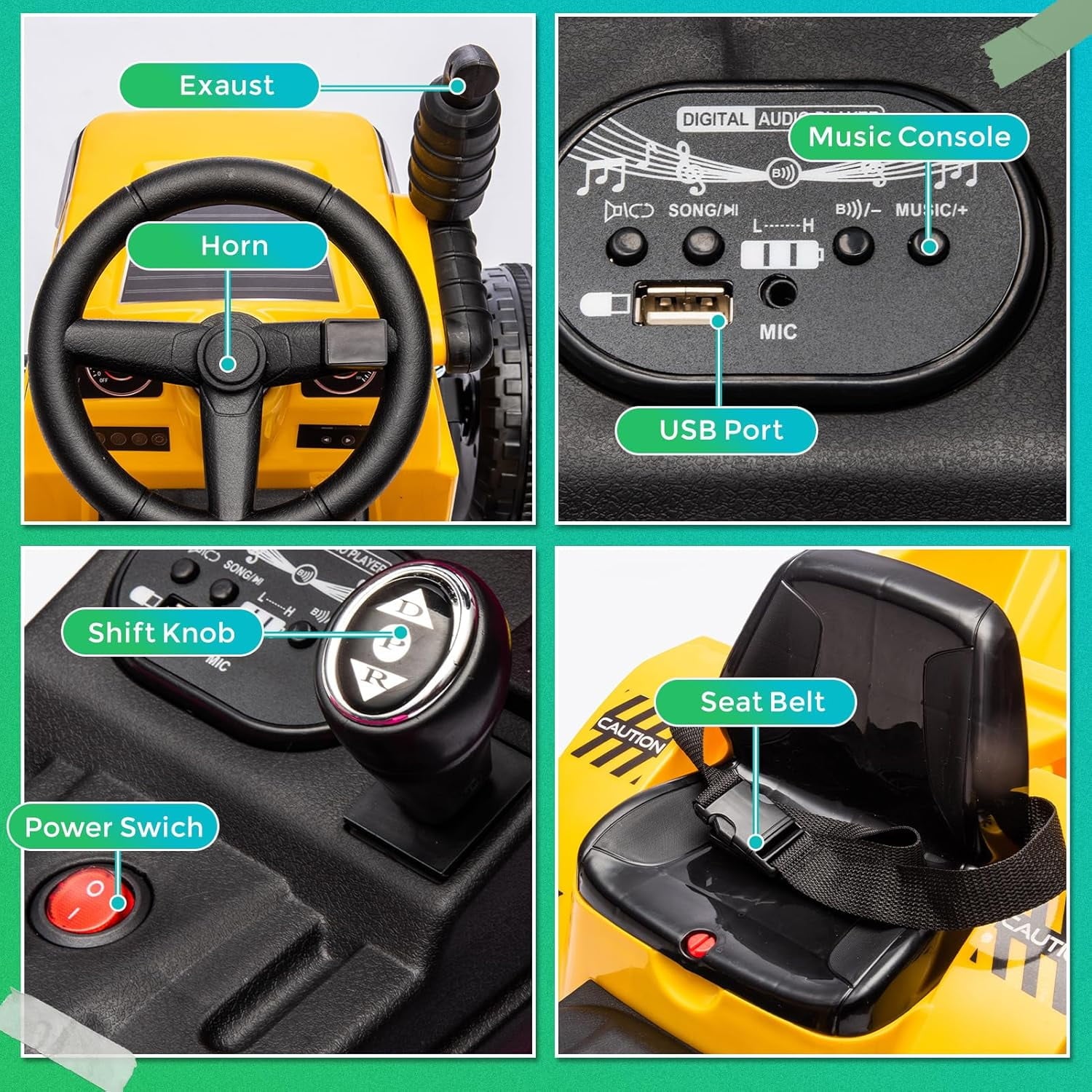 Track 7 12V Ride on Tractor, Kids Electric Tractor Black Knight with Detachable Trailer, Bluetooth, USB, 2WD, Removable storage Tug, 6-Wheel Ride on Toy Car for Boys Girls Age 3+, Yellow