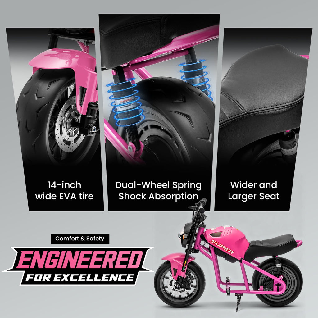 Track Seven 24V Electric Motorcycle for Kids, 300W Electric Dirt Bike Up to 11 MPH, Twist-Grip Throttle, Rear Brake, 14-Inch EVA Tires, Music, Light, Electric Bike for Kids Aged 6+, Pink