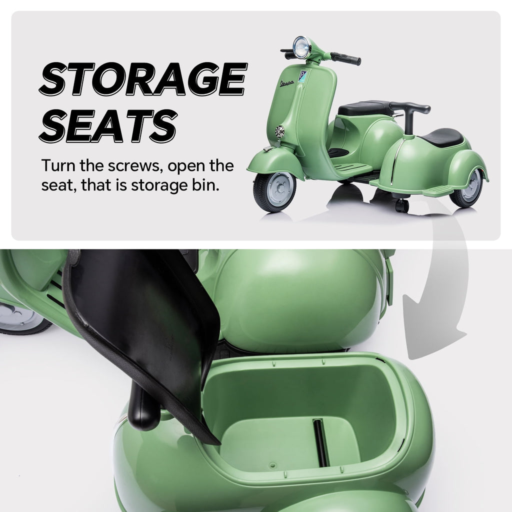 LISUEYNE Licensed Vespa Ride on Motorcycle with Side Car, 2-Seater Electric Car for Kids, Music, Storage Bin, Max Speed 3.7mph, Green