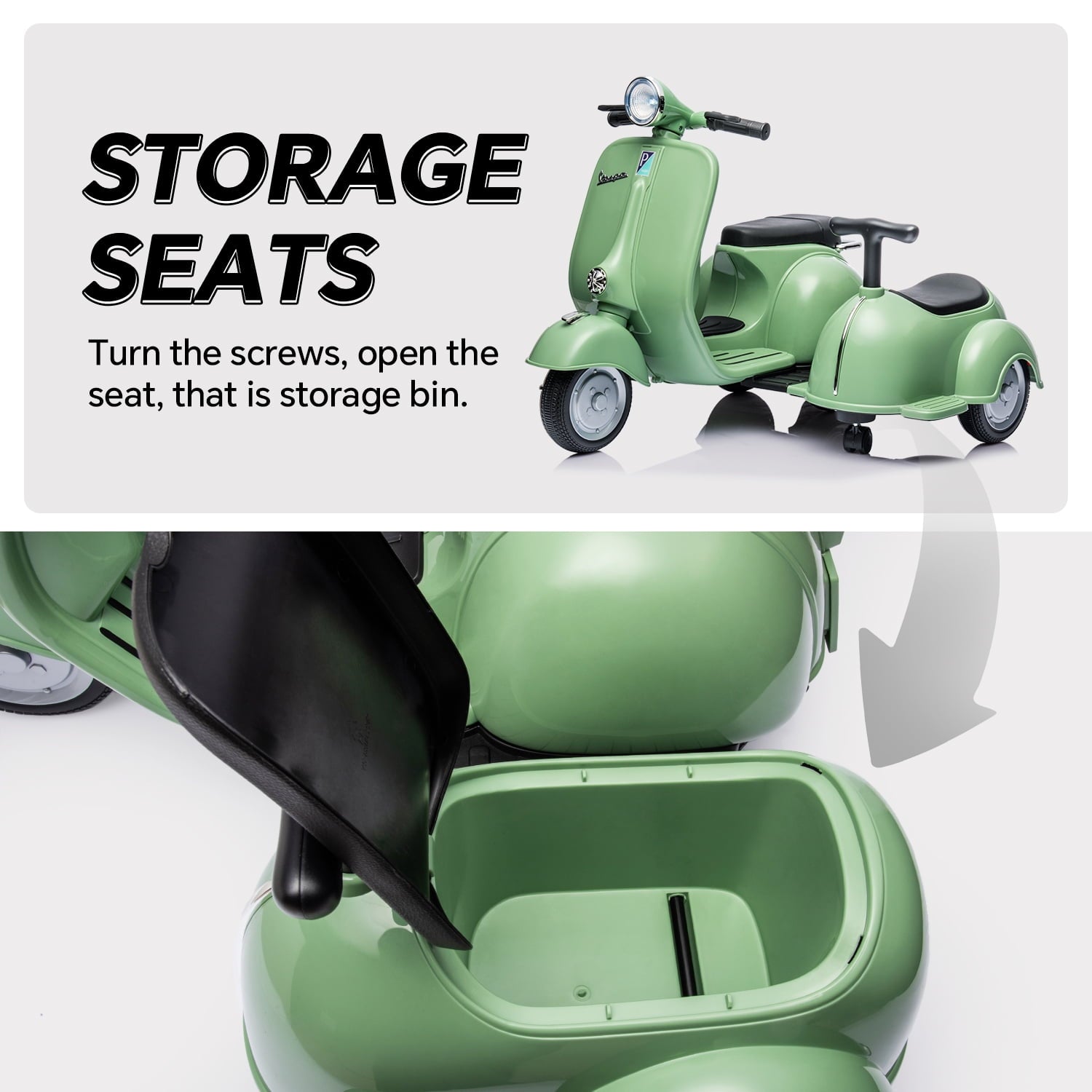LISUEYNE Licensed Vespa Ride on Motorcycle with Side Car, 2-Seater Electric Car for Kids, Music, Storage Bin, Max Speed 3.7mph, Green