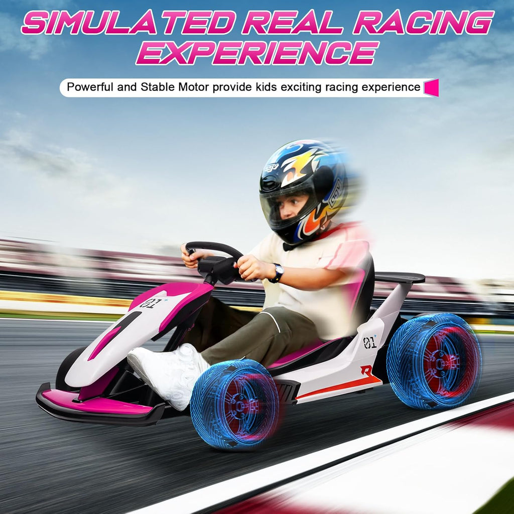 Track 7 24V Electric Ride-On Go Kart for Kids, 2x150W Powerful Motor,  Drift Kart with 5 MPH Max Speed, High/Low Speed,  Drift/Sports Mode,  Battery-Powered Drifting Car for Children, Rosy