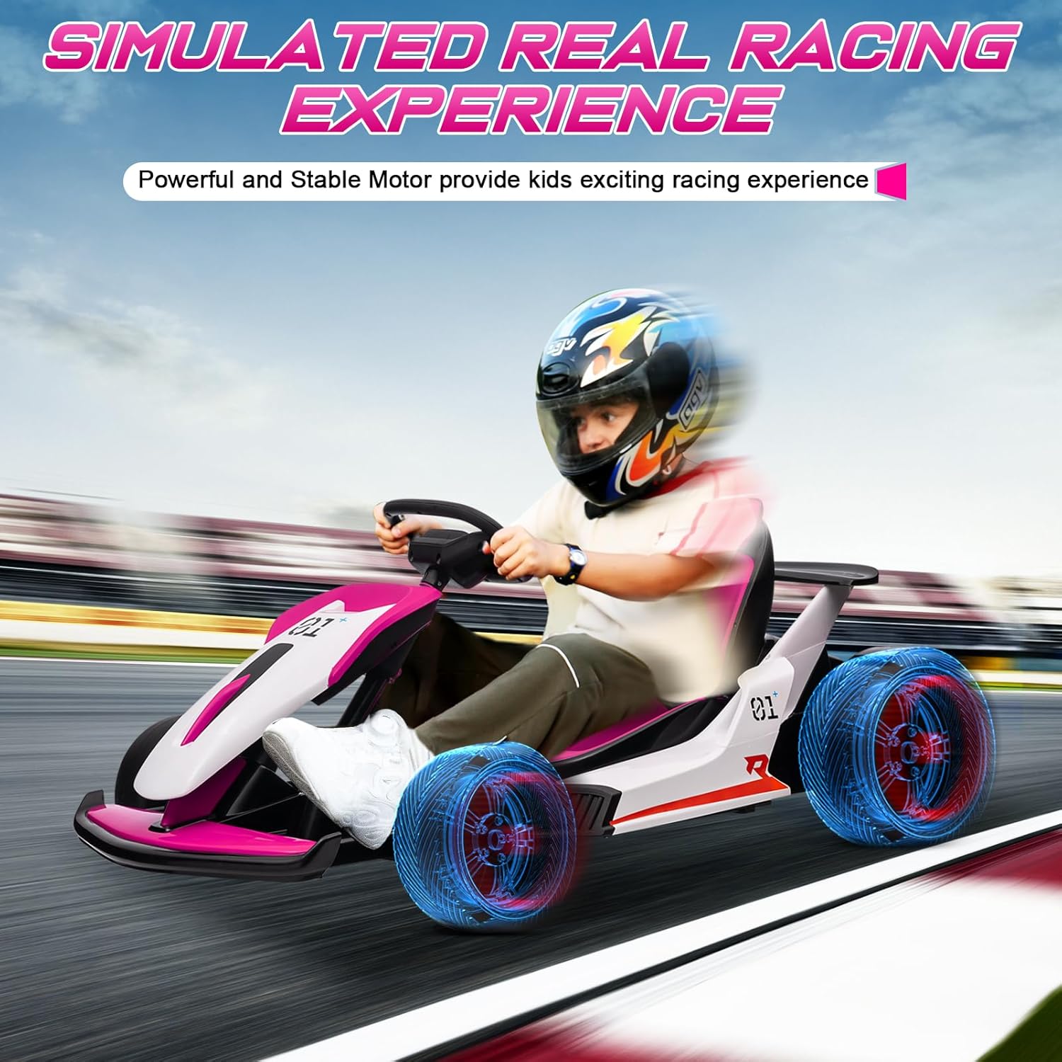 Track 7 24V Electric Ride-On Go Kart for Kids, 2x150W Powerful Motor,  Drift Kart with 5 MPH Max Speed, High/Low Speed,  Drift/Sports Mode,  Battery-Powered Drifting Car for Children, Rosy