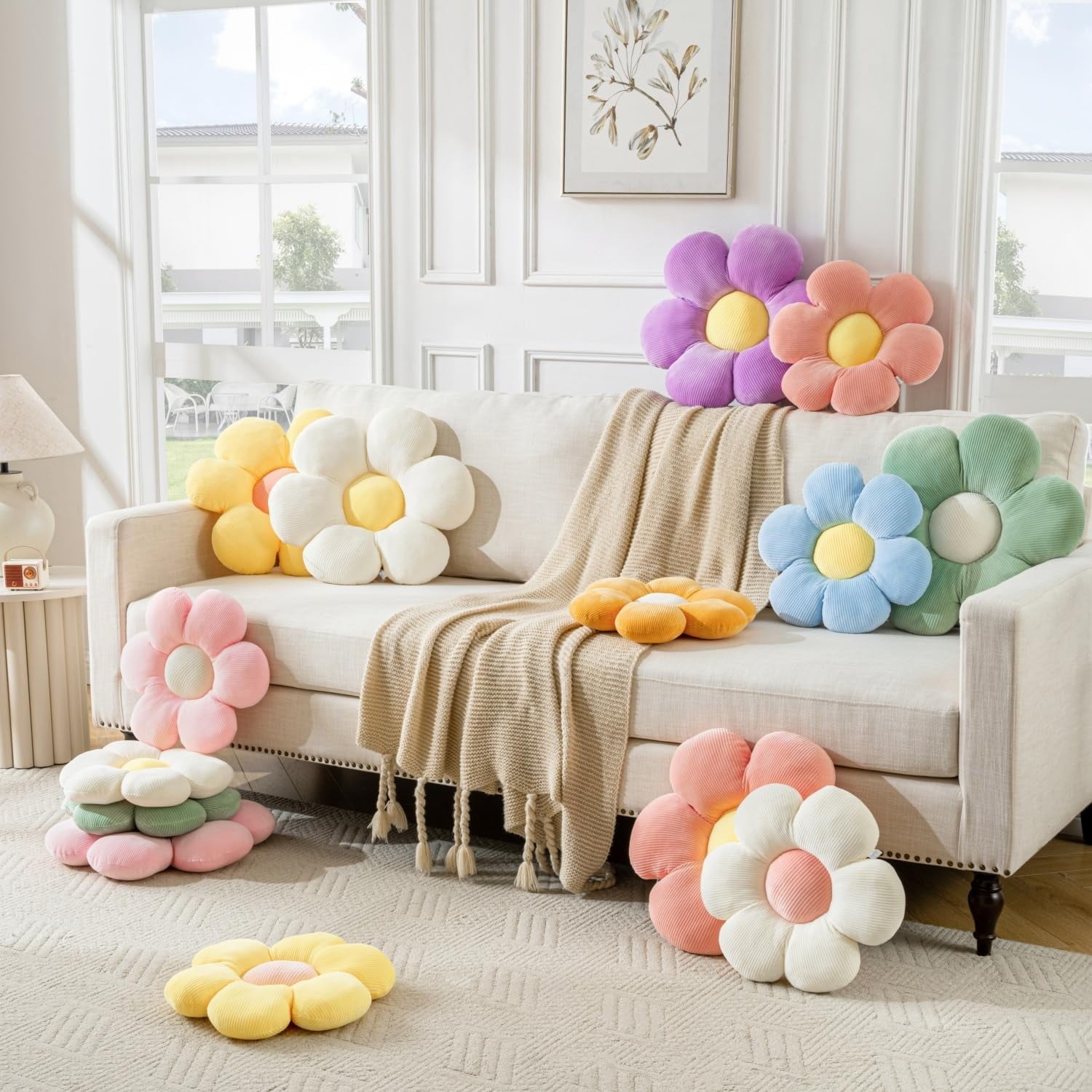 COOKCOK Flower Throw Pillow, 15.7" Flower Shaped Floor Pillow for Home Decor, Cute Aesthetic Plush Decorative Pillows for Bed, Sofa, Couch, Purple